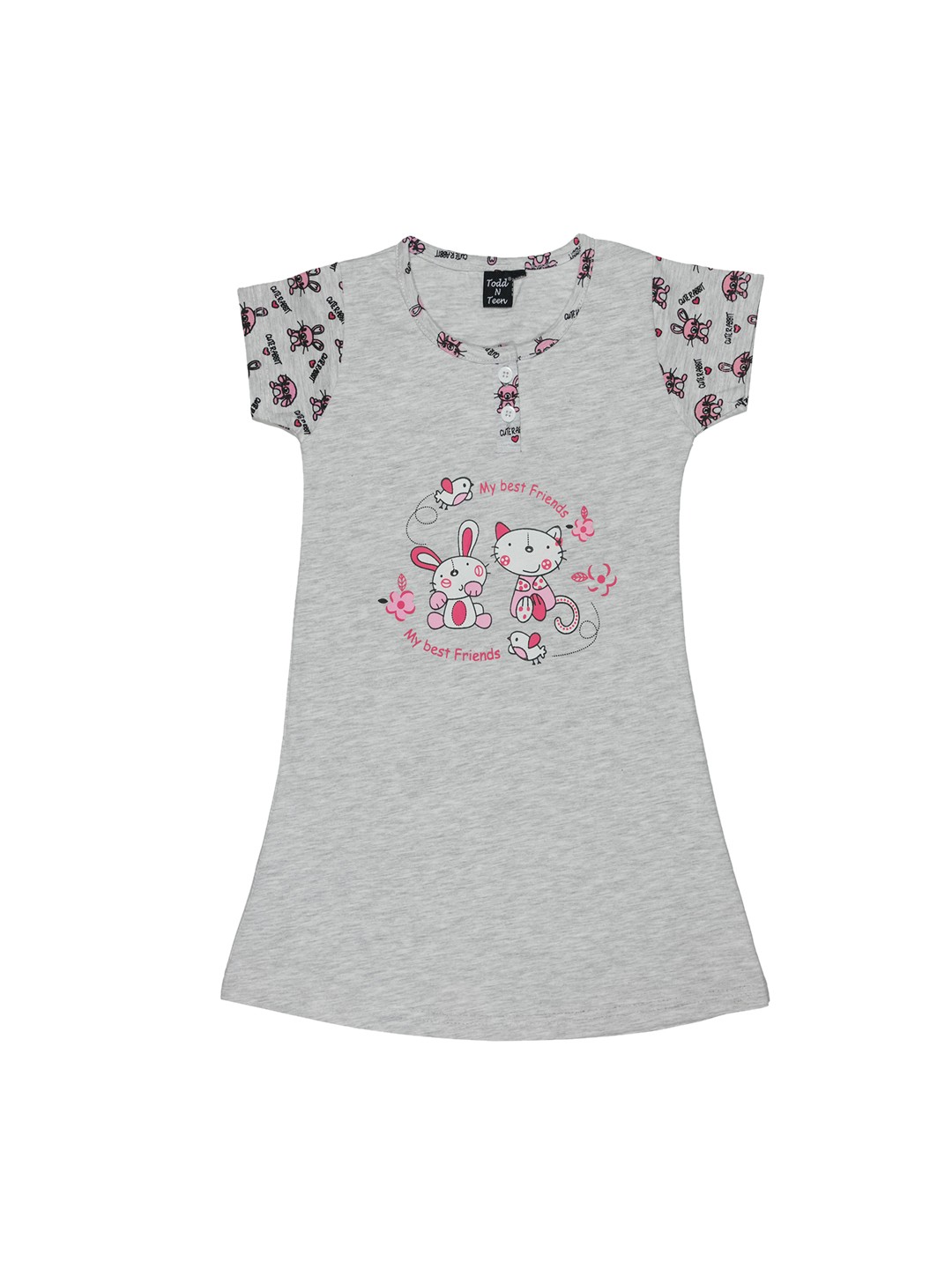 

Todd N Teen Girls Melange Printed Sleep Shirt, Grey melange