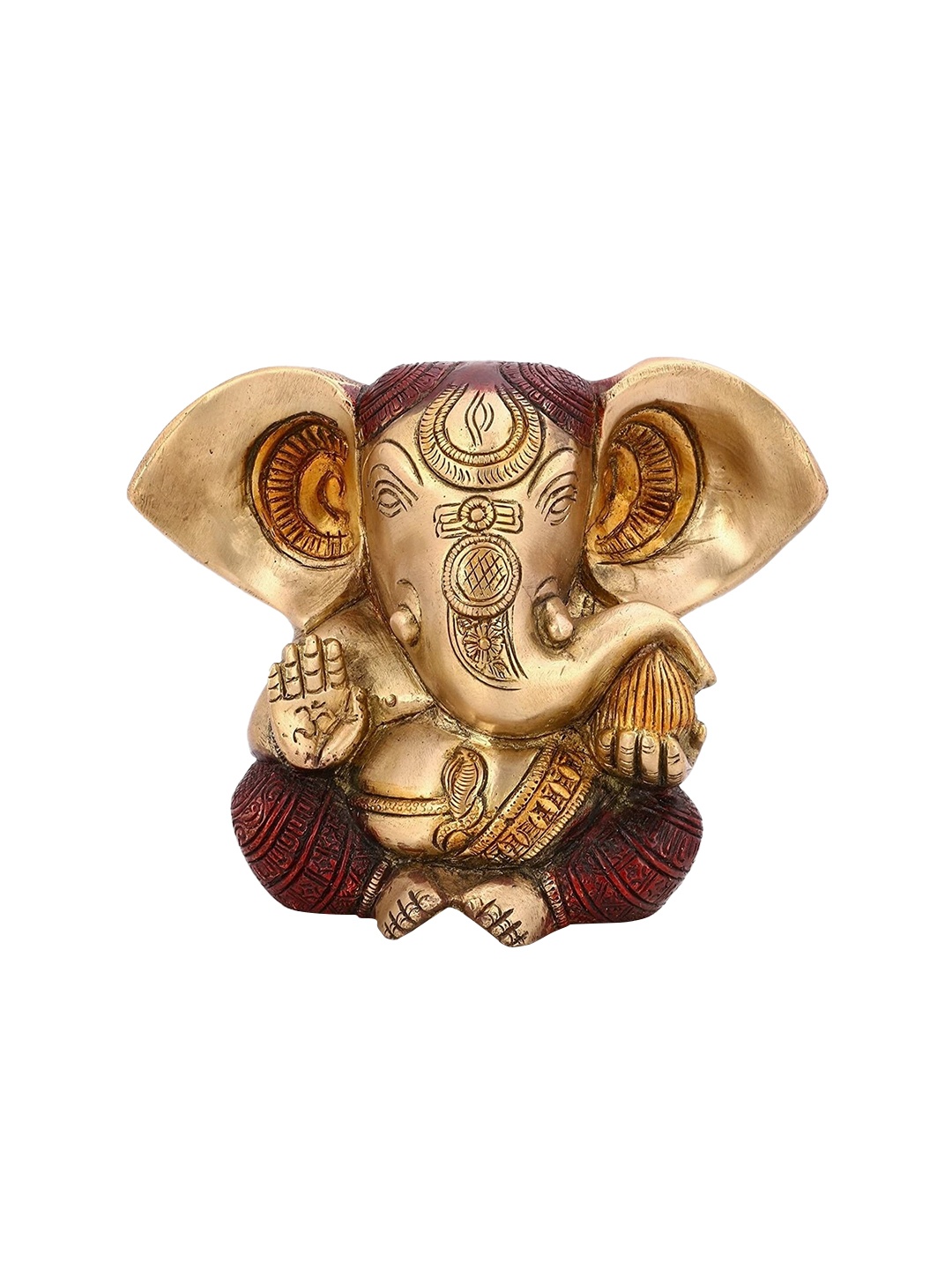 CraftVatika Gold-Toned & Red Long Ear Sitting Ganesh Statue Brass Showpiece