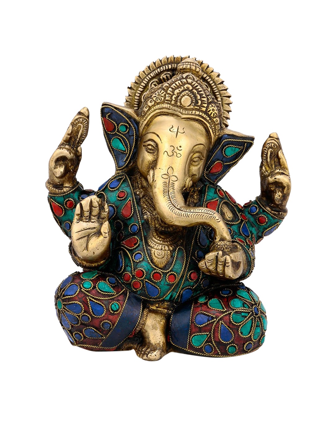 

CraftVatika Gold-Toned & Turquoise Blue Handcrafted Brass Jolly Ganesha Idol