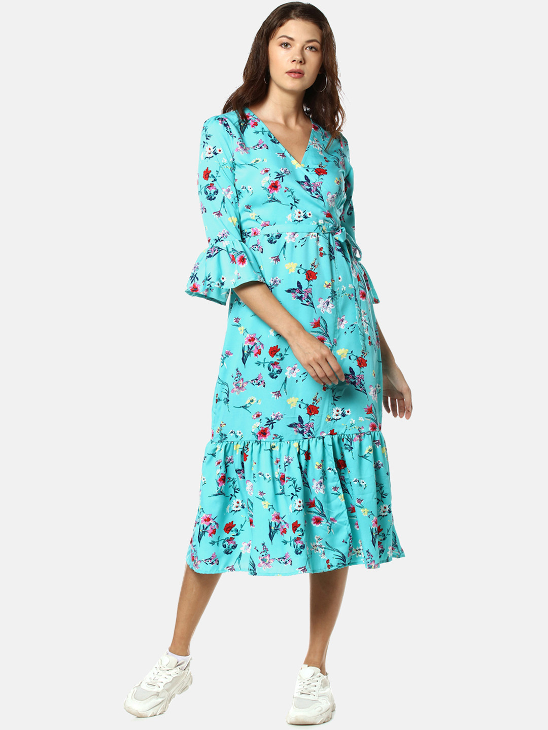 

Campus Sutra Women Blue Self Design Wrap Dress