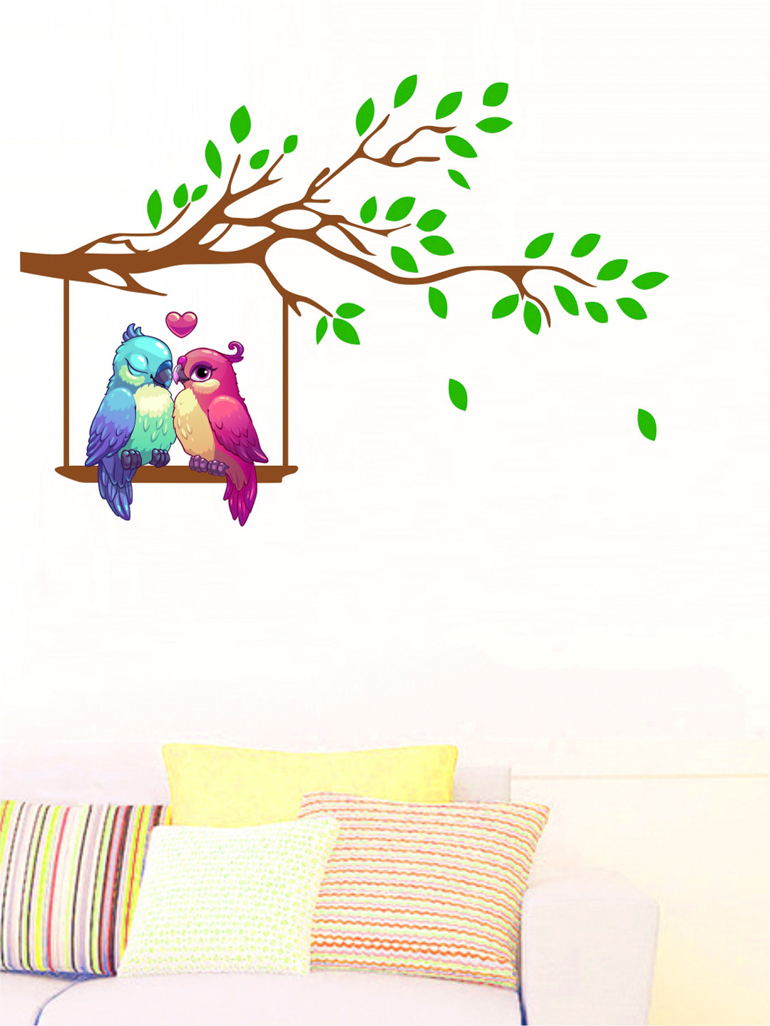 

rawpockets Home Multicoloured Love Birds On Tree PVC Vinyl Wall Stickers, Multi