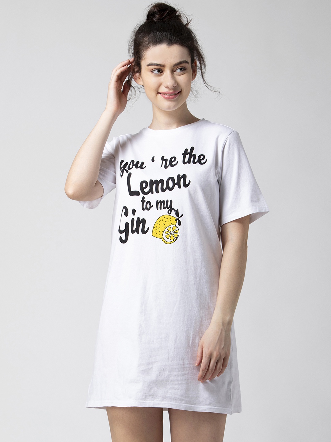 

ADORENITE Women White & Black Lemon to My Gin Slogan Print Sleep Shirt