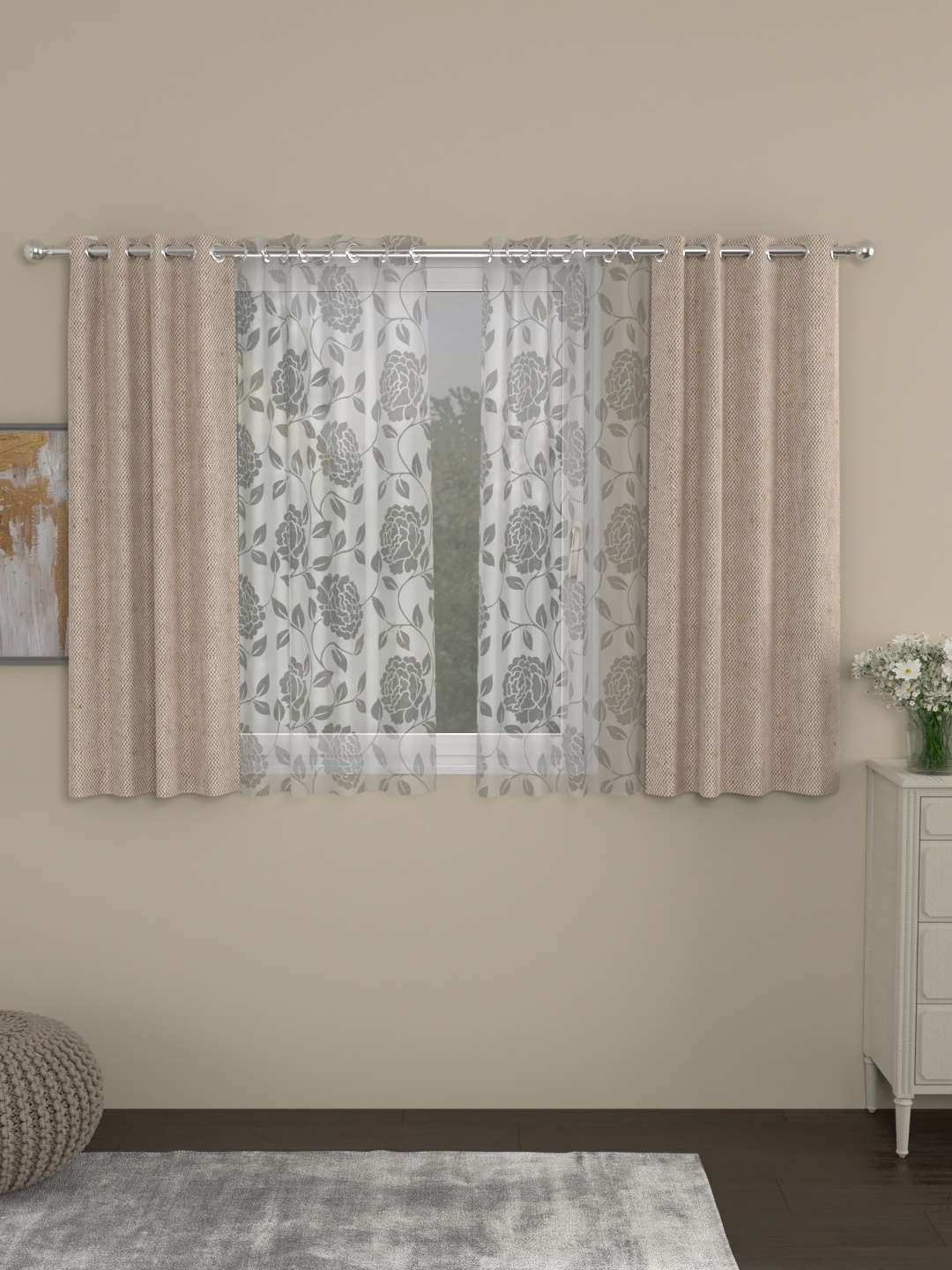 

ROSARA HOME Set of 4 Yarn Dyed Window Curtains, Beige