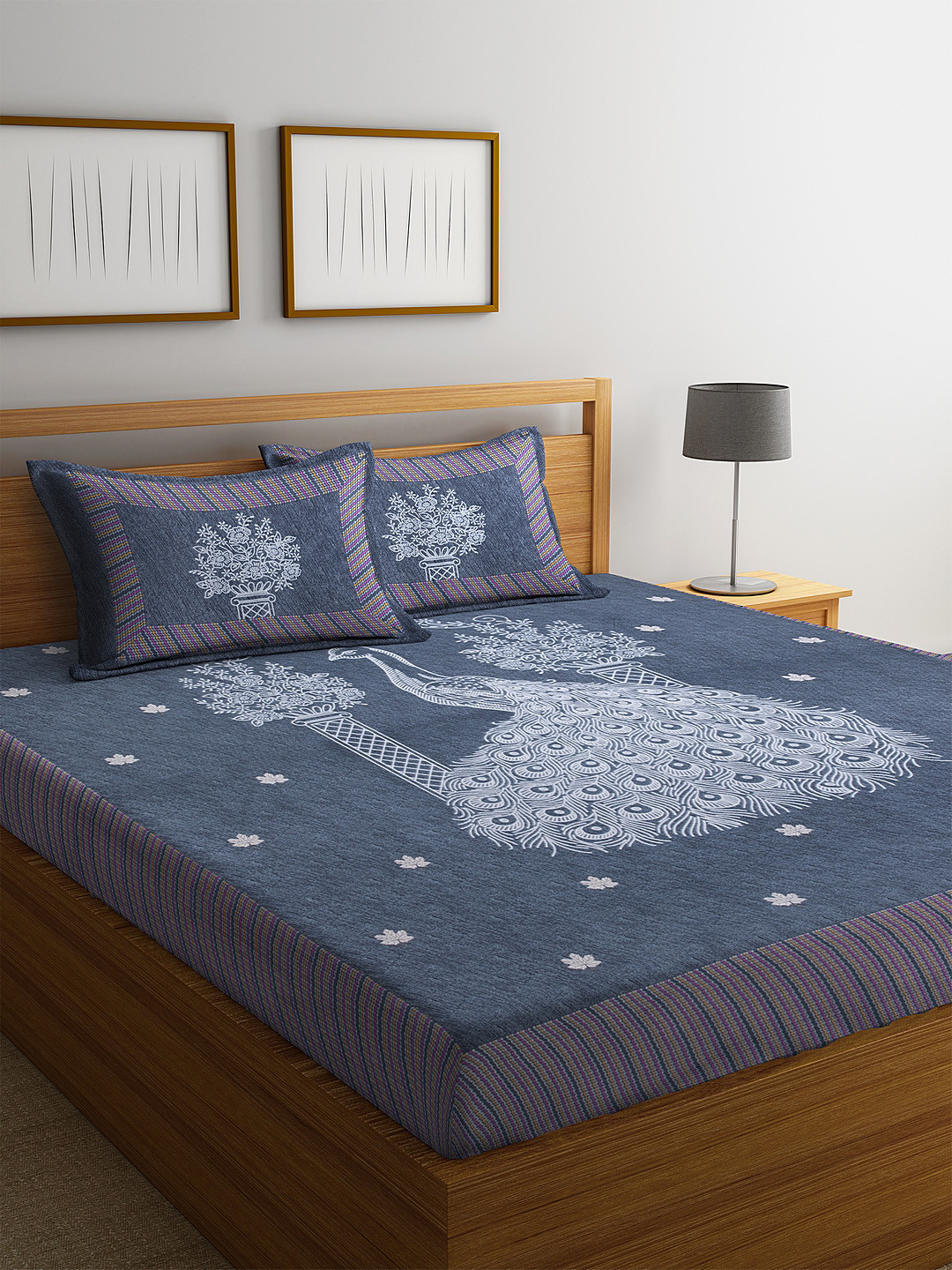 

Rajasthan Decor Grey & White Ethnic Motifs 144 TC Cotton 1 King Bedsheet with 2 Pillow Covers