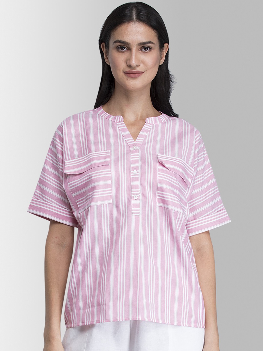 

FableStreet Women Pink & White Striped Pure Cotton Top