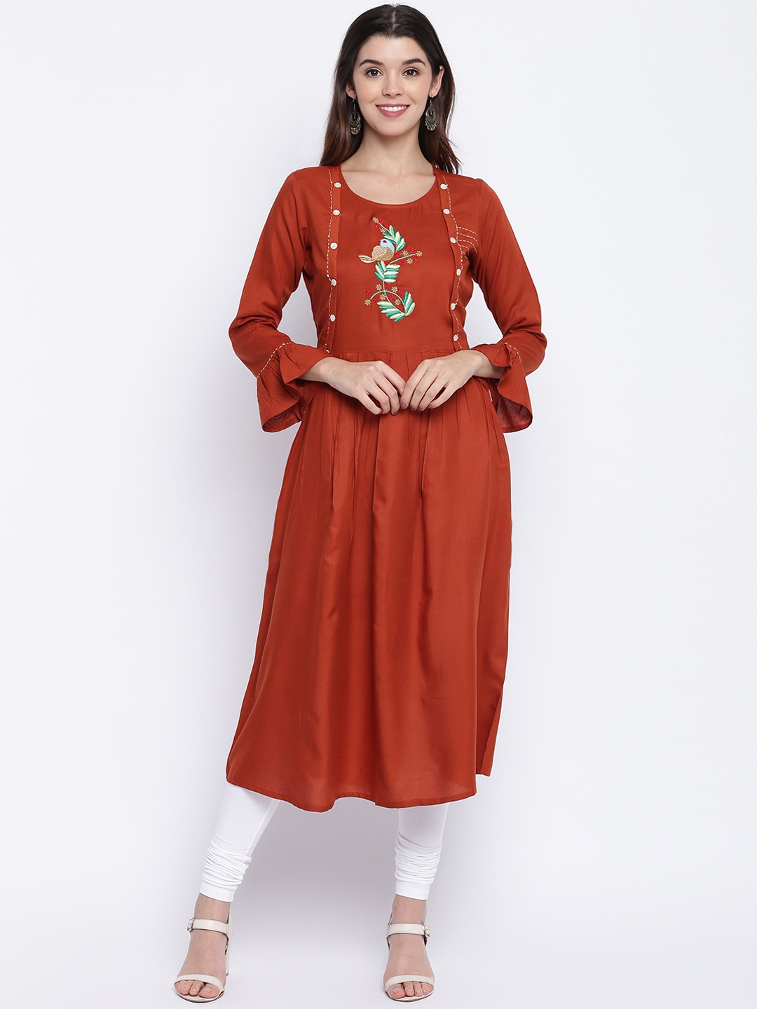 

Vbuyz Women Rust Brown & Off-White Embroidered Anarkali Kurta