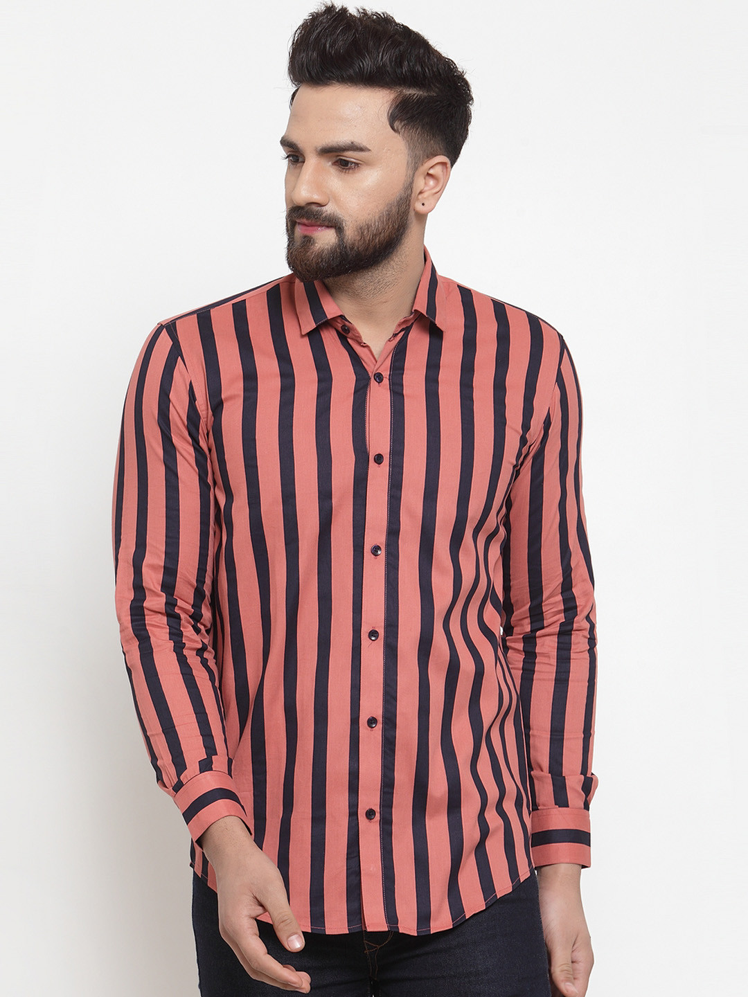 

JAINISH Men Coral & Black Regular Fit Striped Casual Shirt