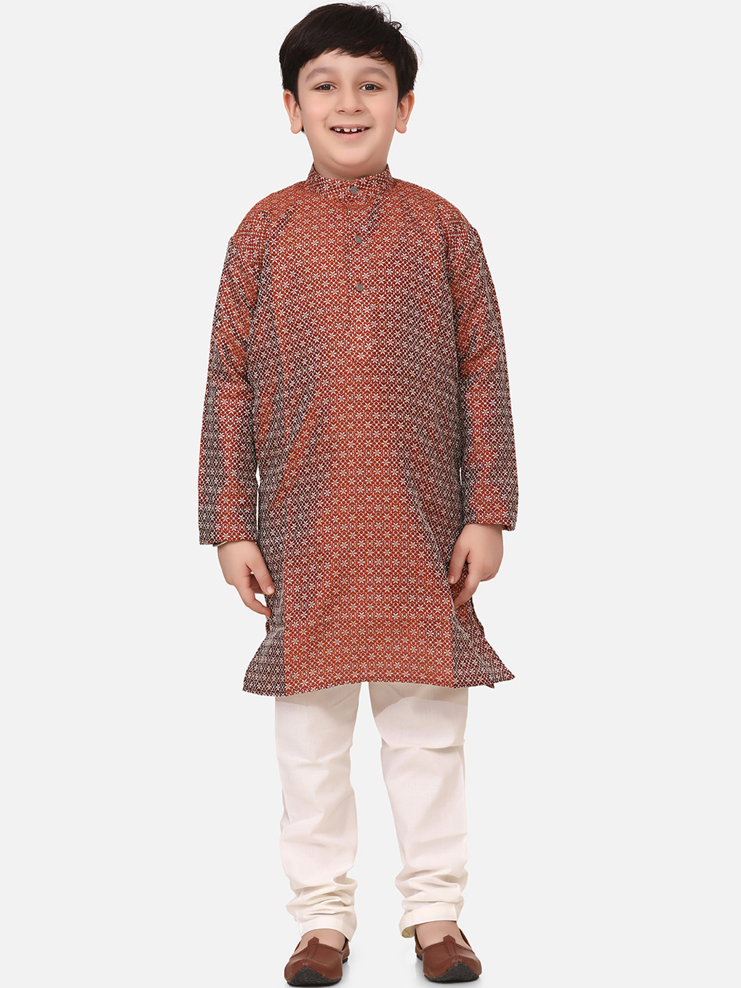 

LilPicks Boys Rust & Off-White Woven Design Kurta with Churidar