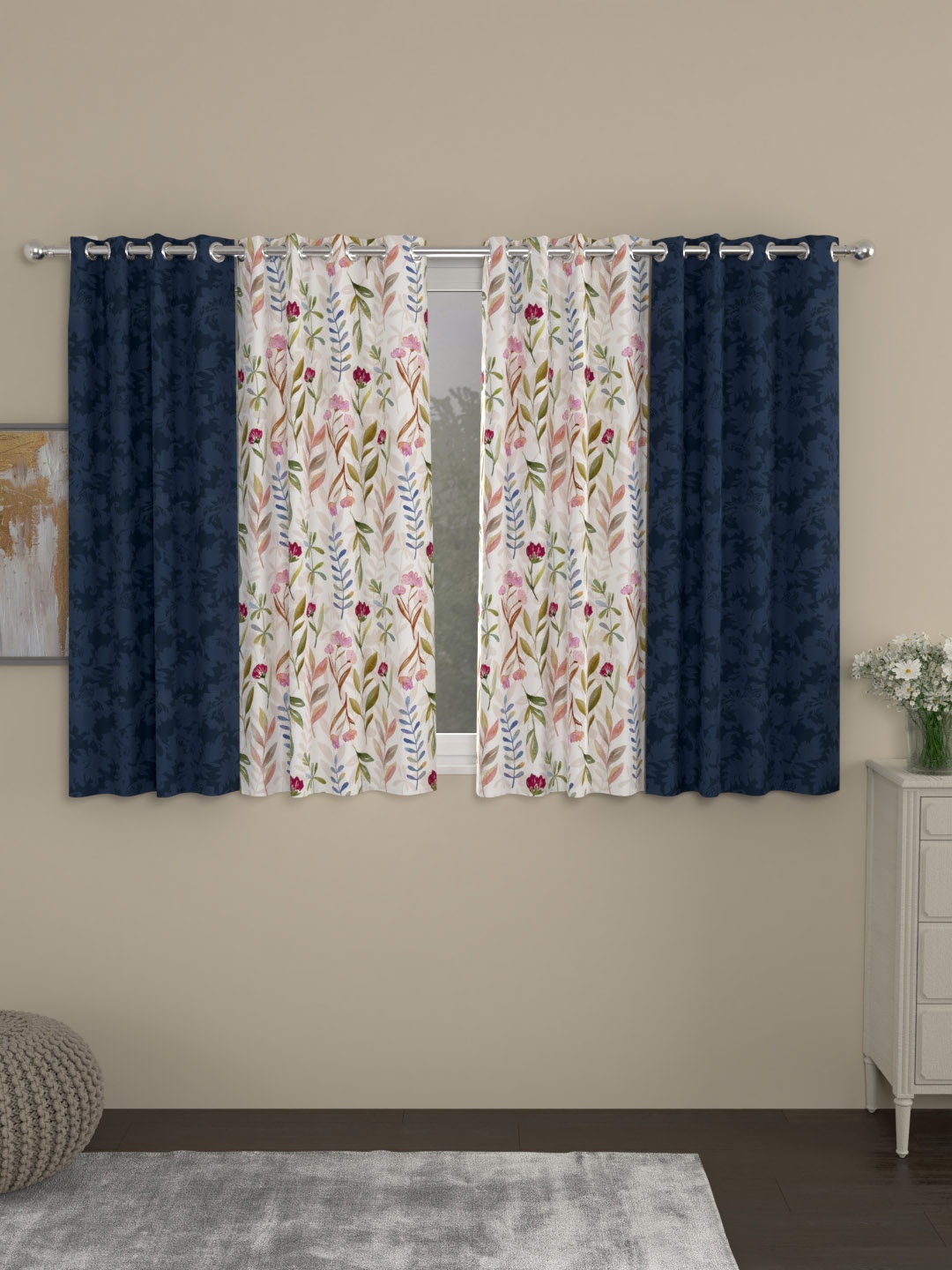 

ROSARA HOME Navy Blue & Off-White Set of 4 Window Curtains
