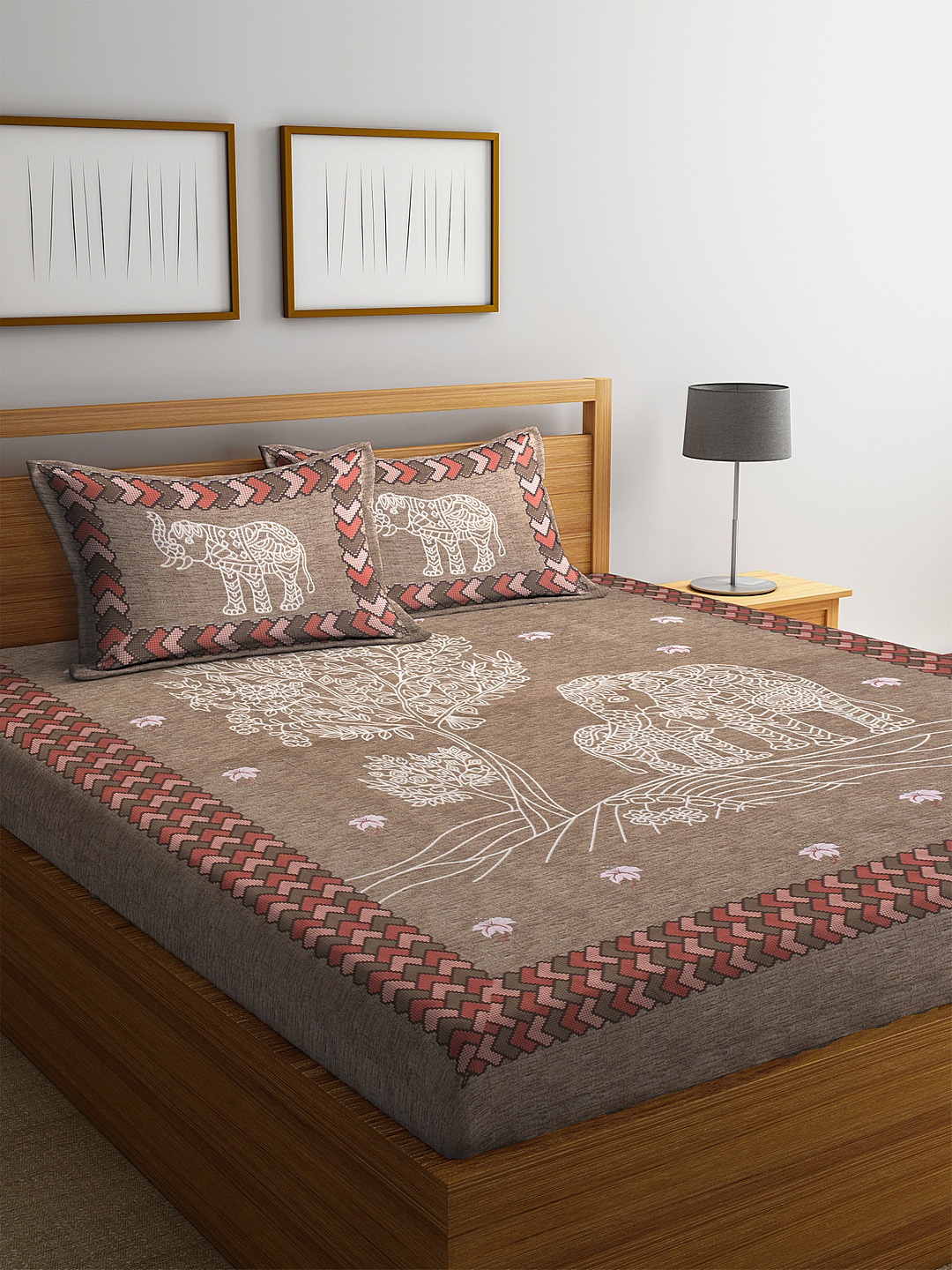 

Rajasthan Decor Brown Floral 144 TC Cotton 1 King Bedsheet with 2 Pillow Covers
