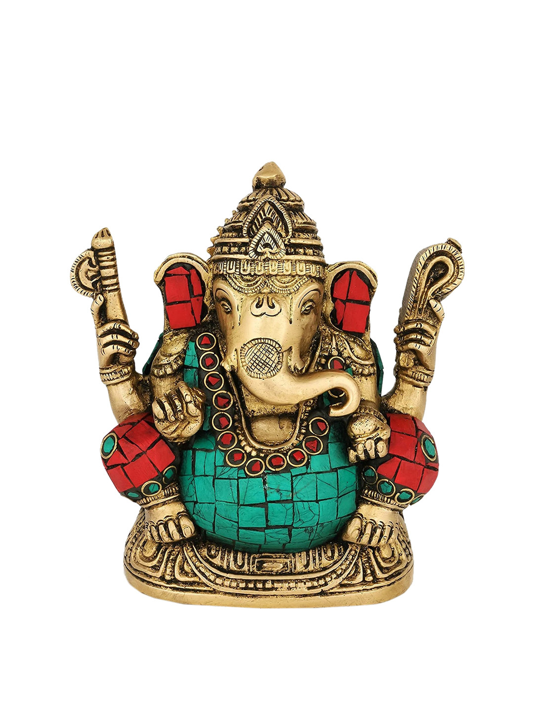 

CraftVatika Gold-Toned & Turquoise Blue Handcrafted Brass Ganesh Idol