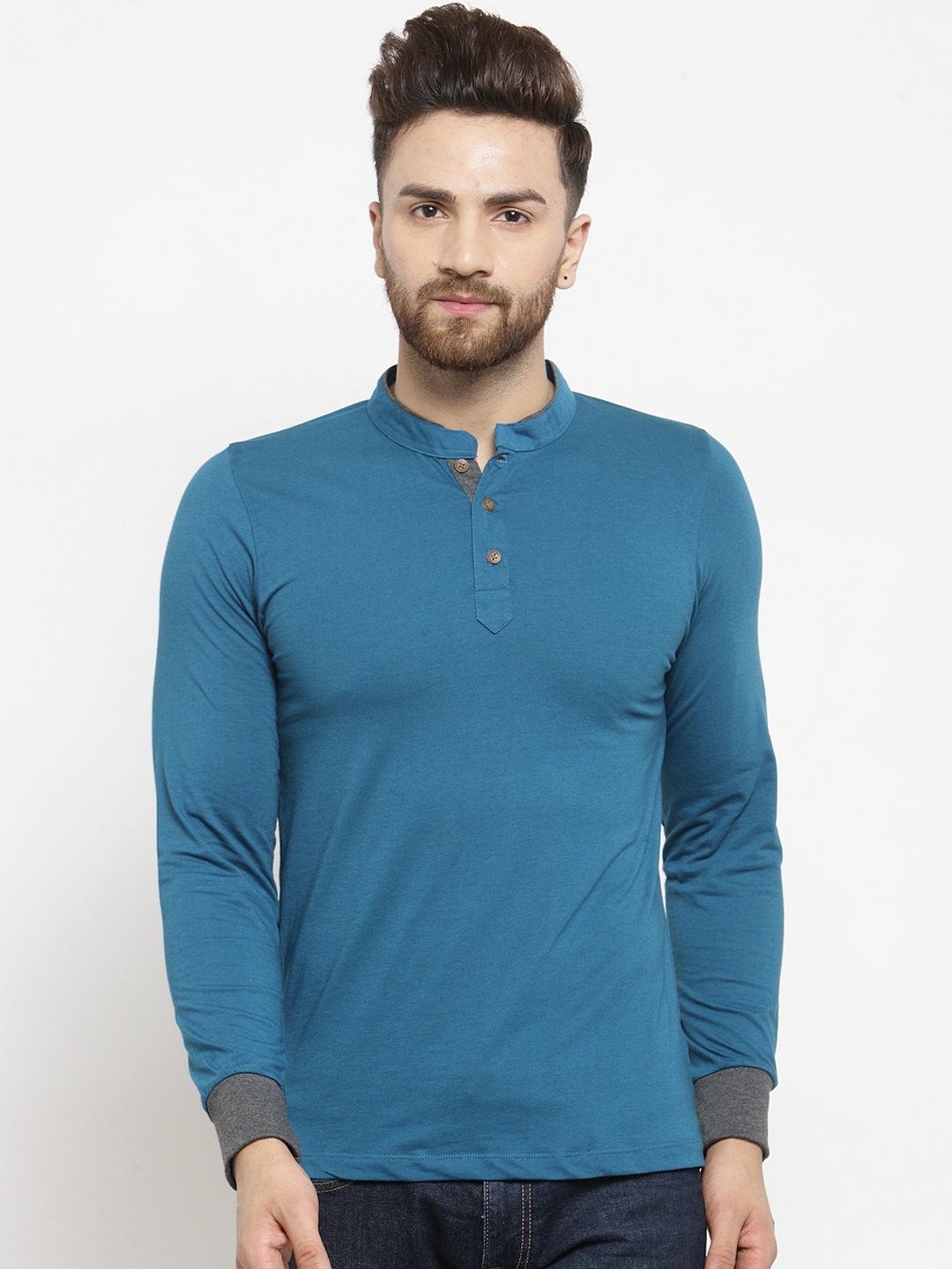Kalt Men Teal Solid Mandarin Collar T-shirt