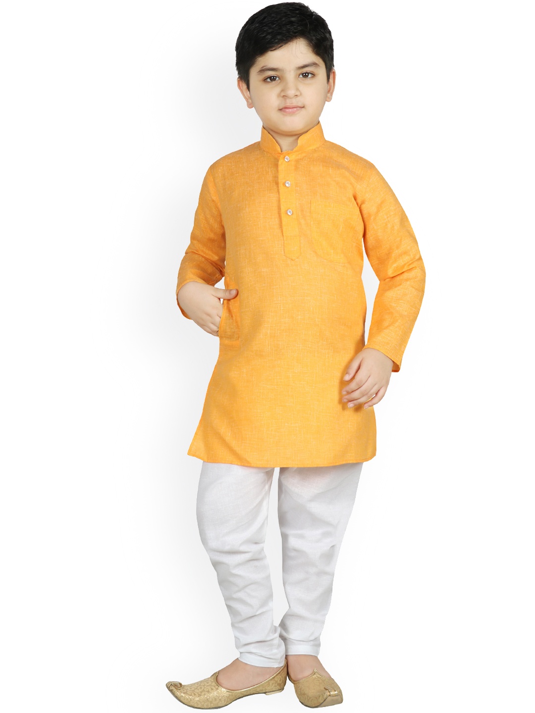 

SG YUVRAJ Boys Mustard Yellow & White Solid Kurta with Churidar