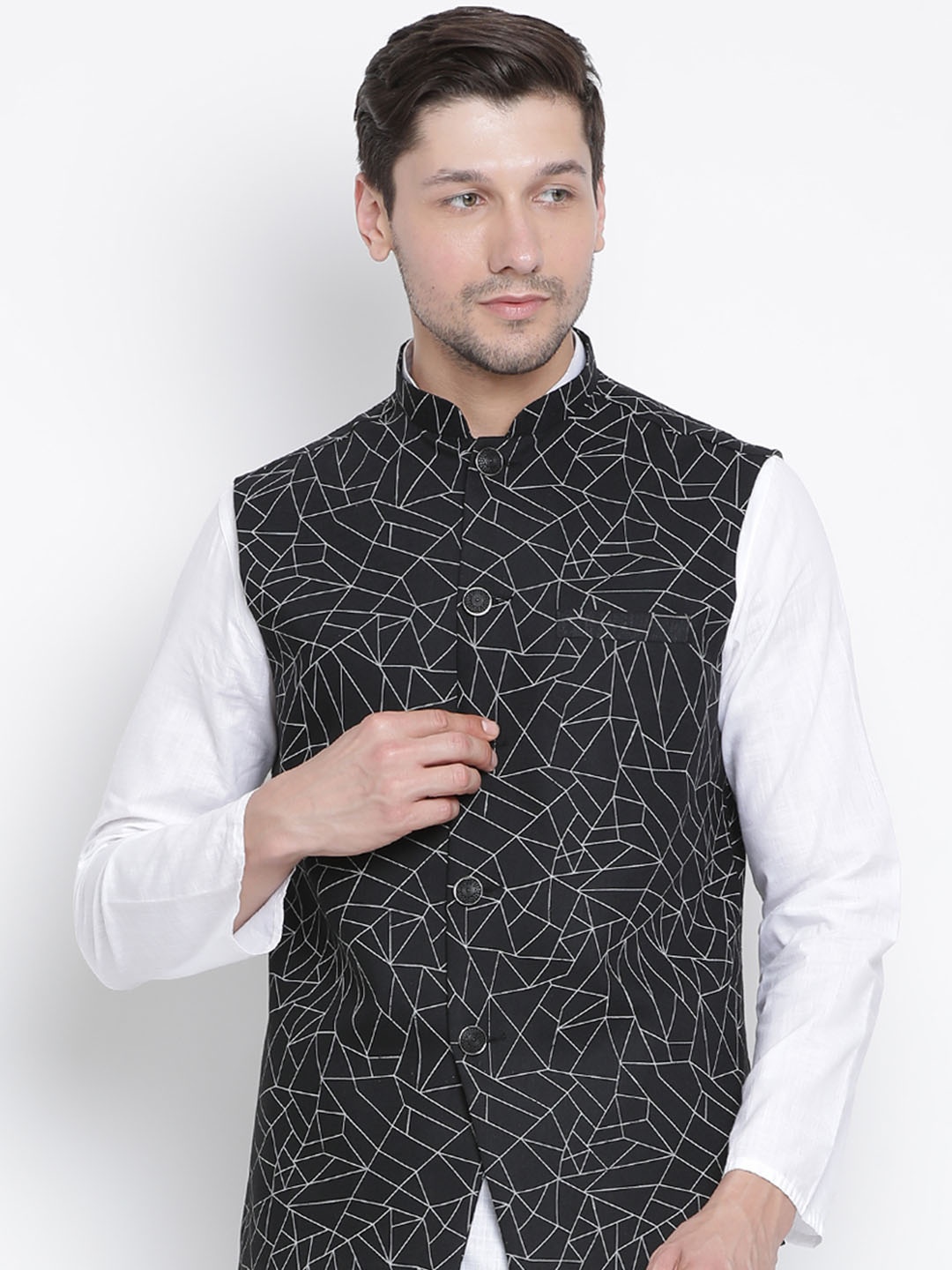 

VASTRAMAY Men Black & White Printed Nehru Jacket
