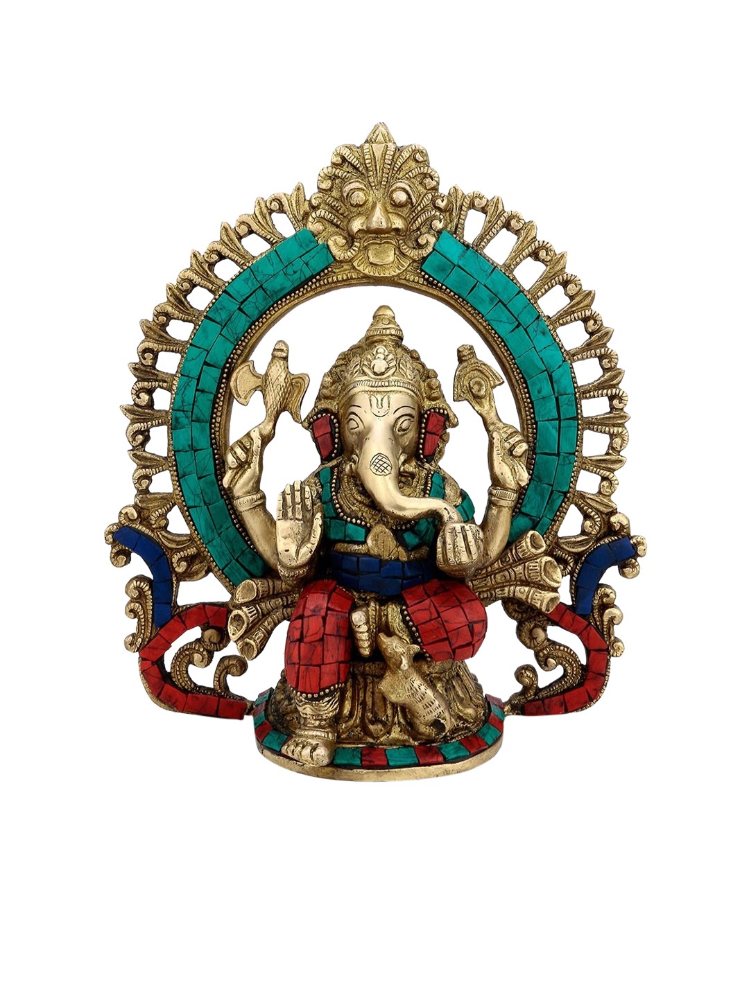 

CraftVatika Gold-Toned & Turquoise Blue Handcrafted Brass Ganesha Idol