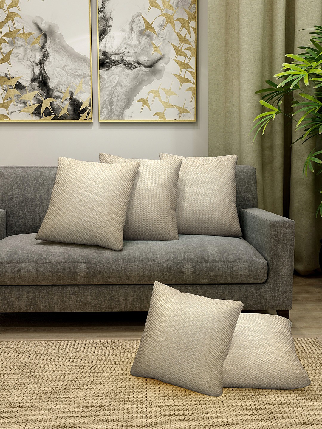 HOSTA HOMES Cream-Coloured Set of 5 Solid Square Cushion Covers