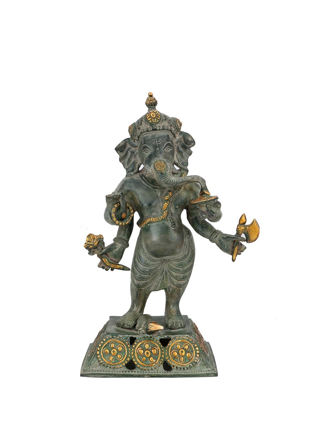 CraftVatika Green & Gold-Toned Standing Ganesha Idol Showpiece