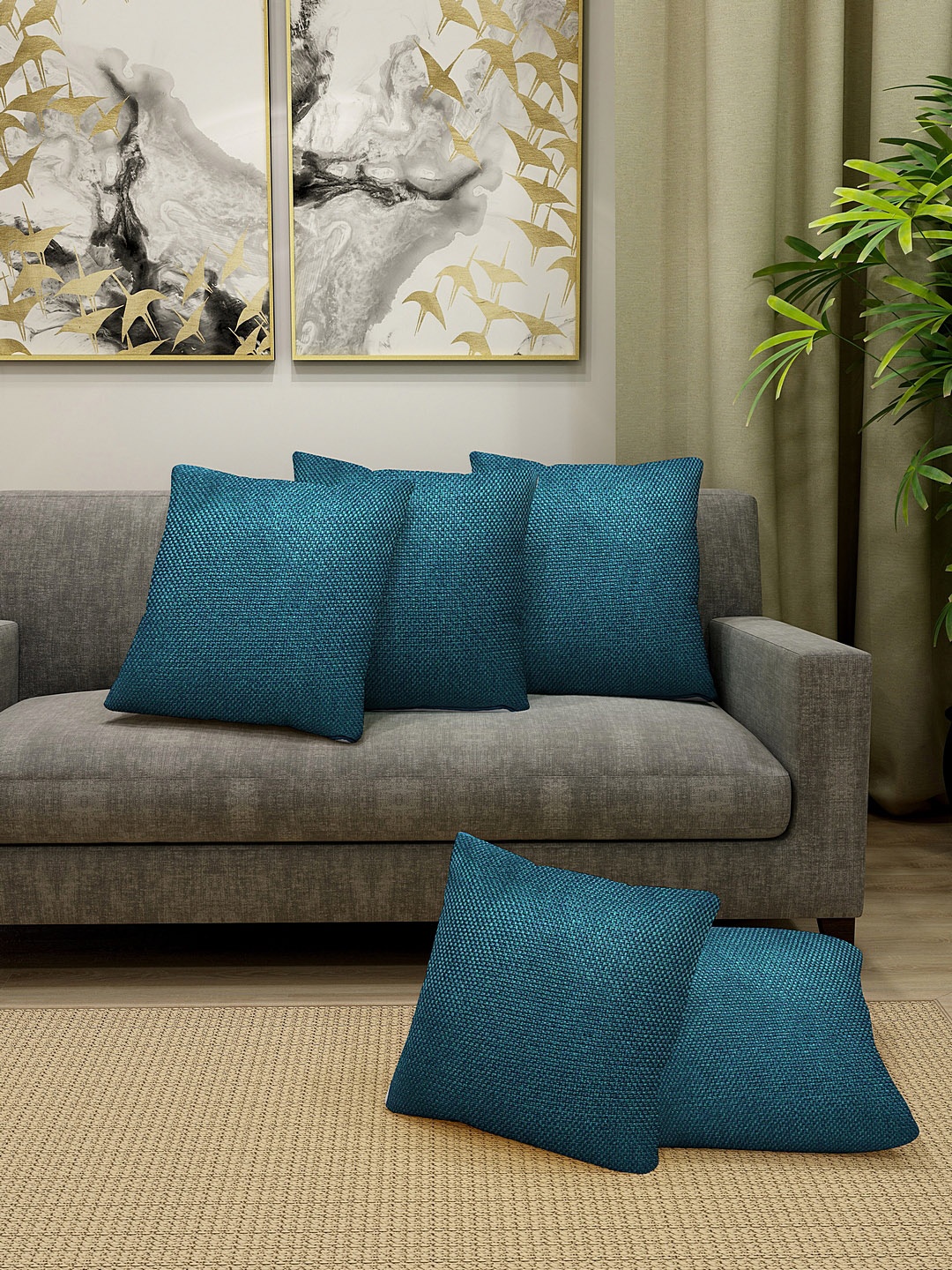 

HOSTA HOMES Turquoise Blue Set of 5 Self Design Square Cushion Covers