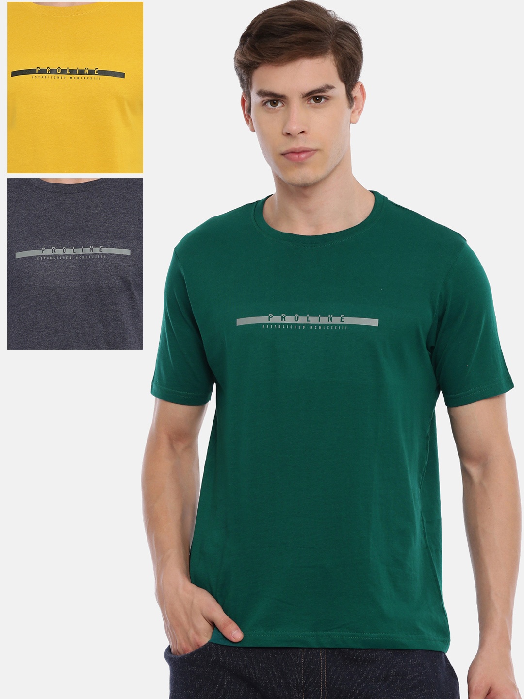 

Proline Active Men Pack of 3 Solid Round Neck Pure Cotton T-shirts, Green