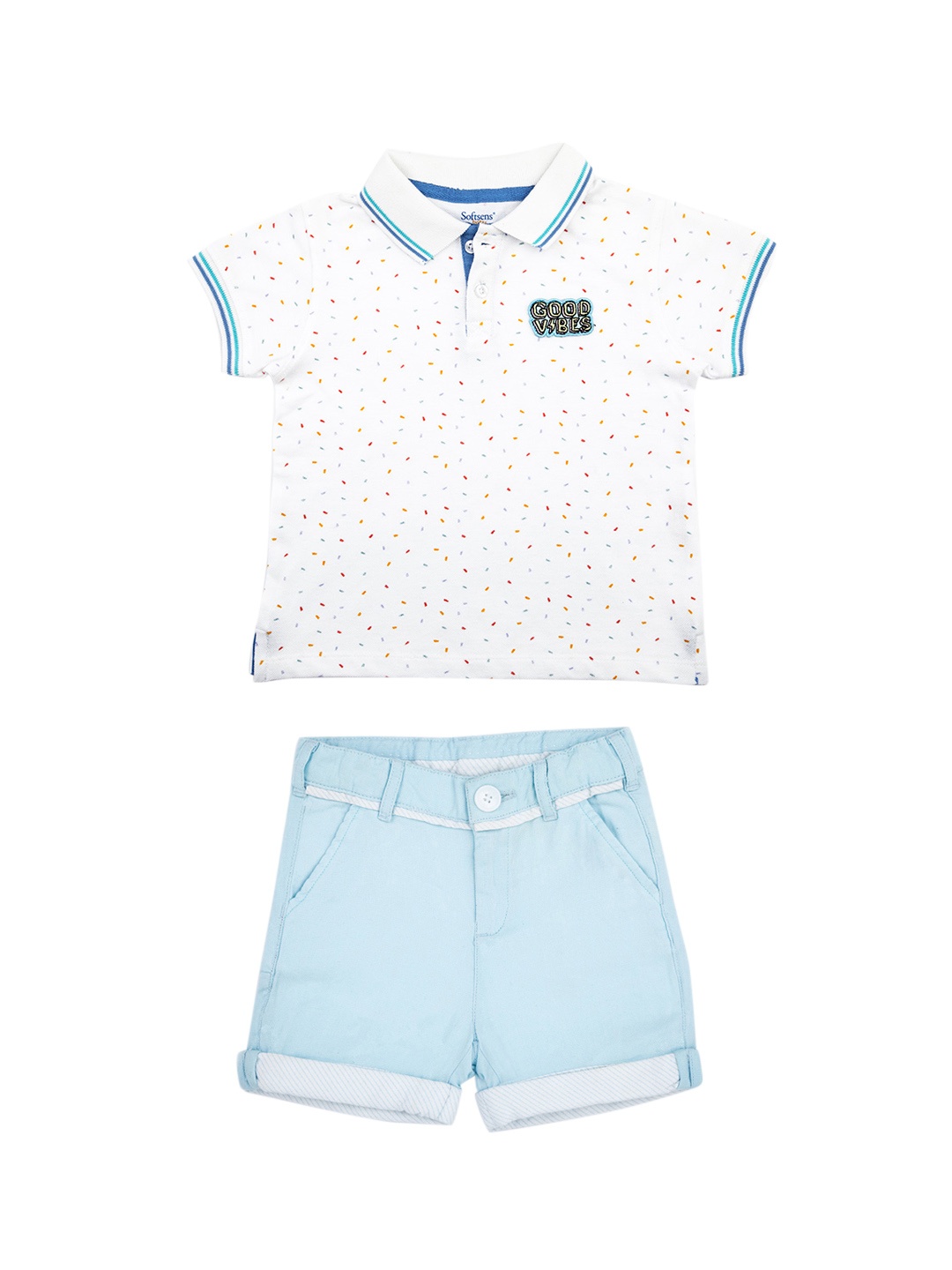 

Softsens Boys White & Blue Printed Organic Cotton T-shirt with Shorts