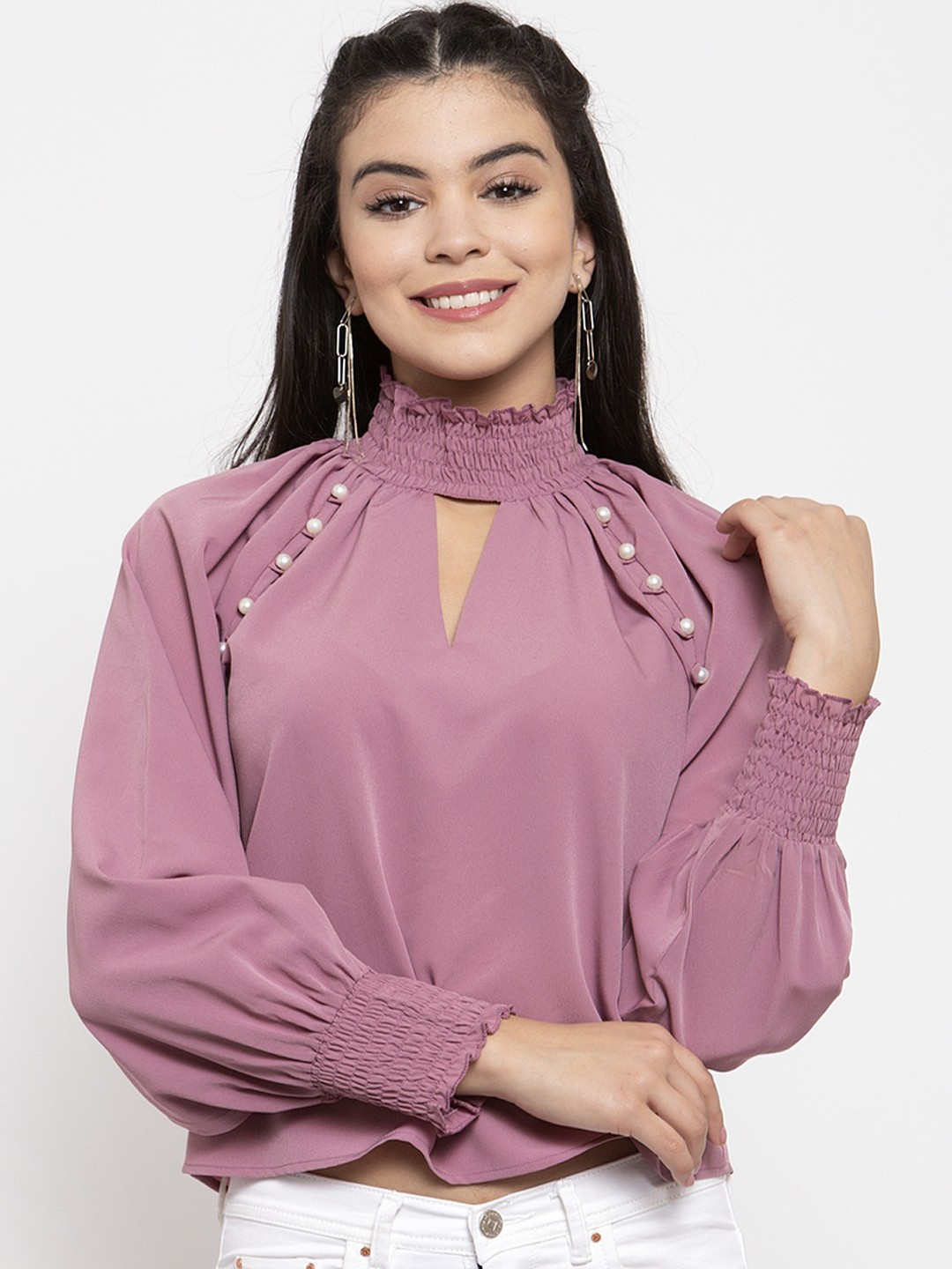 

KASSUALLY Women Lavender Solid Embellished Crop Top