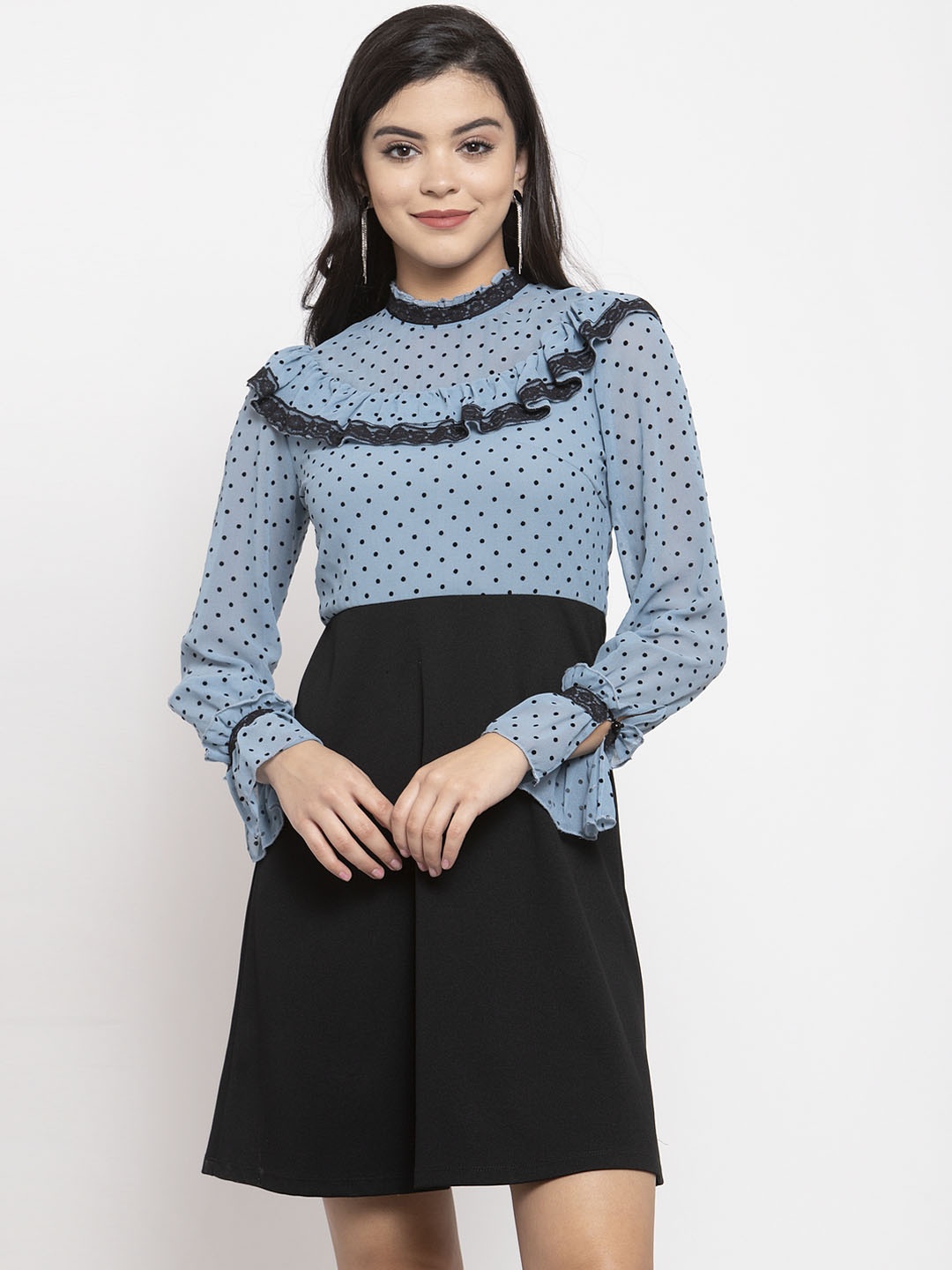 

KASSUALLY Women Blue & Black Printed Fit and Flare Dress