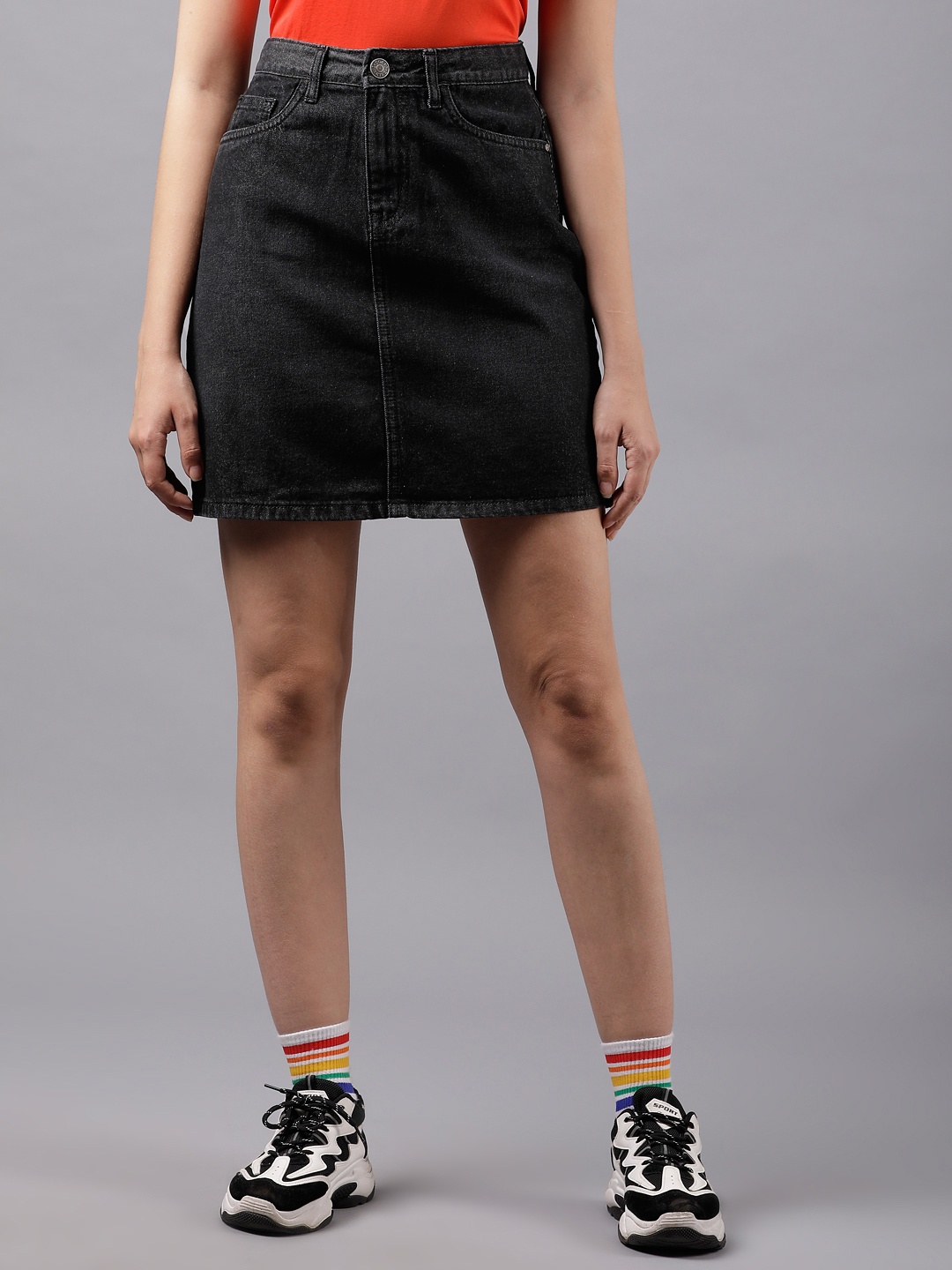 Tokyo Talkies Women Black Solid Denim Mini A-Line Skirt