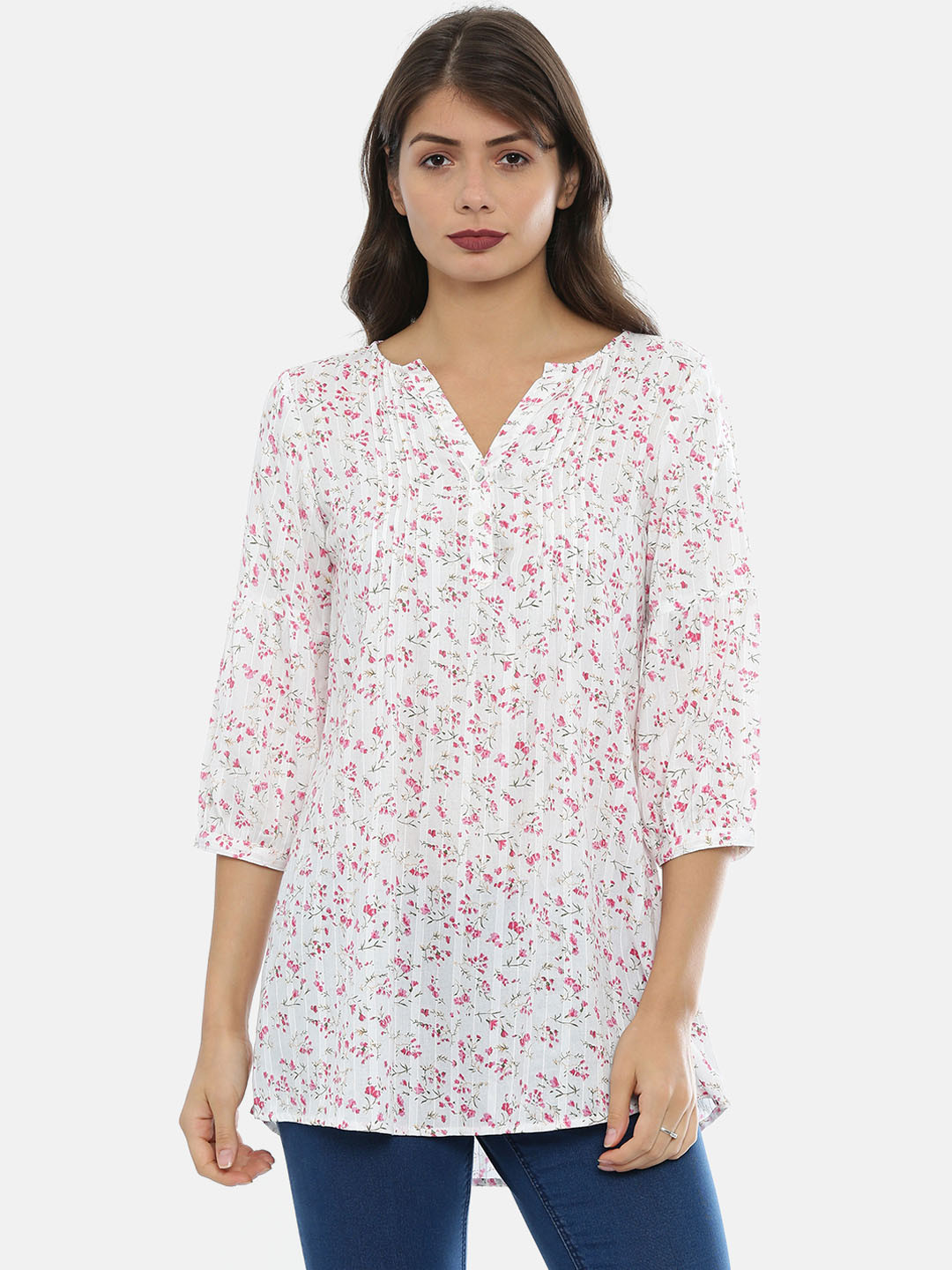 

IDK Women White & Pink Printed Top