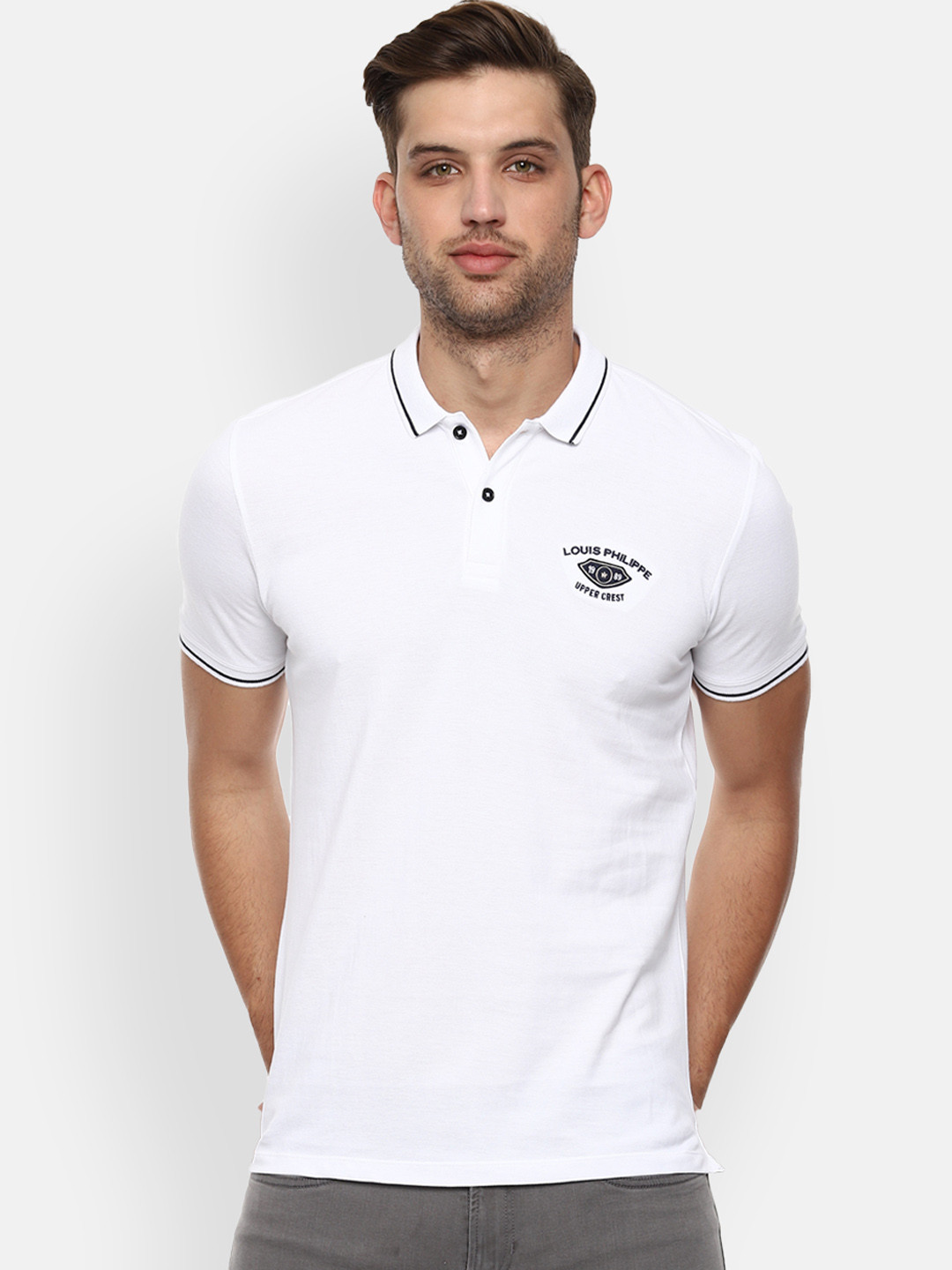 

Louis Philippe Jeans Men White Solid Polo Collar Pure Cotton T-shirt