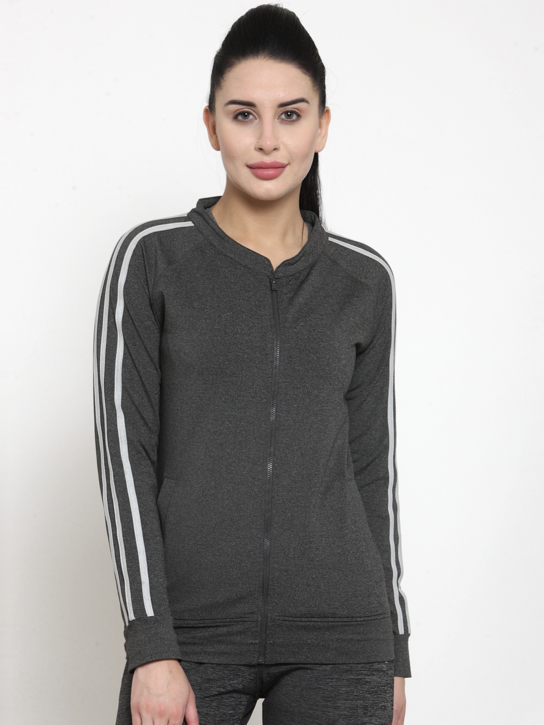

BUKKUM Women Charcoal Grey Solid Bomber Jacket With Side Stripes