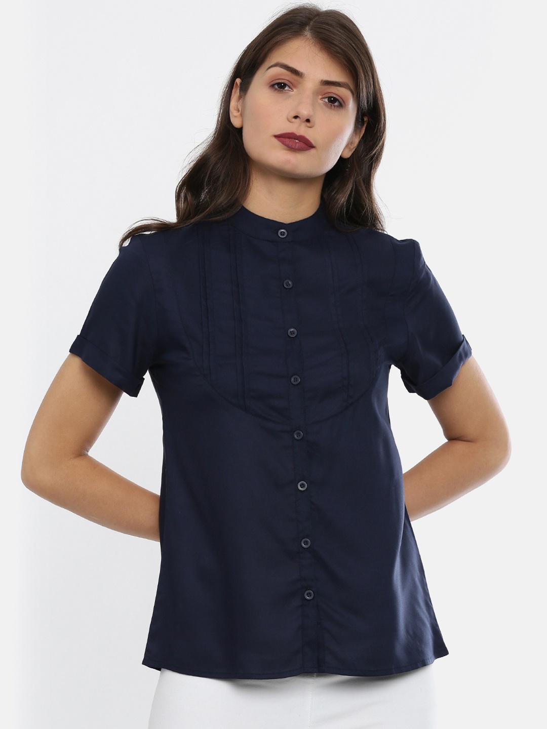 

IDK Women Navy Blue Solid Shirt Style Top