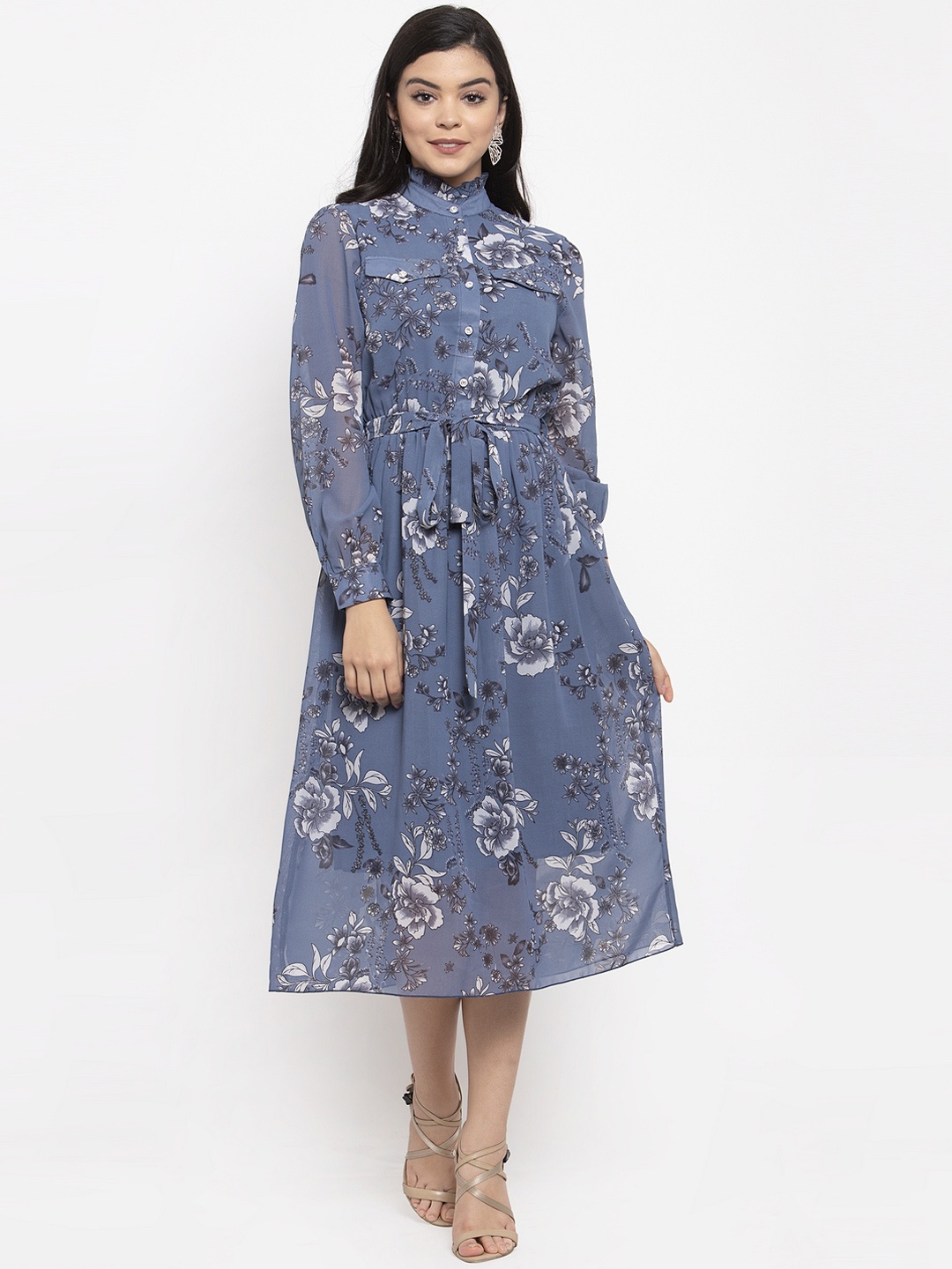 

KASSUALLY Women Blue & Grey Floral Printed Shirt Dress