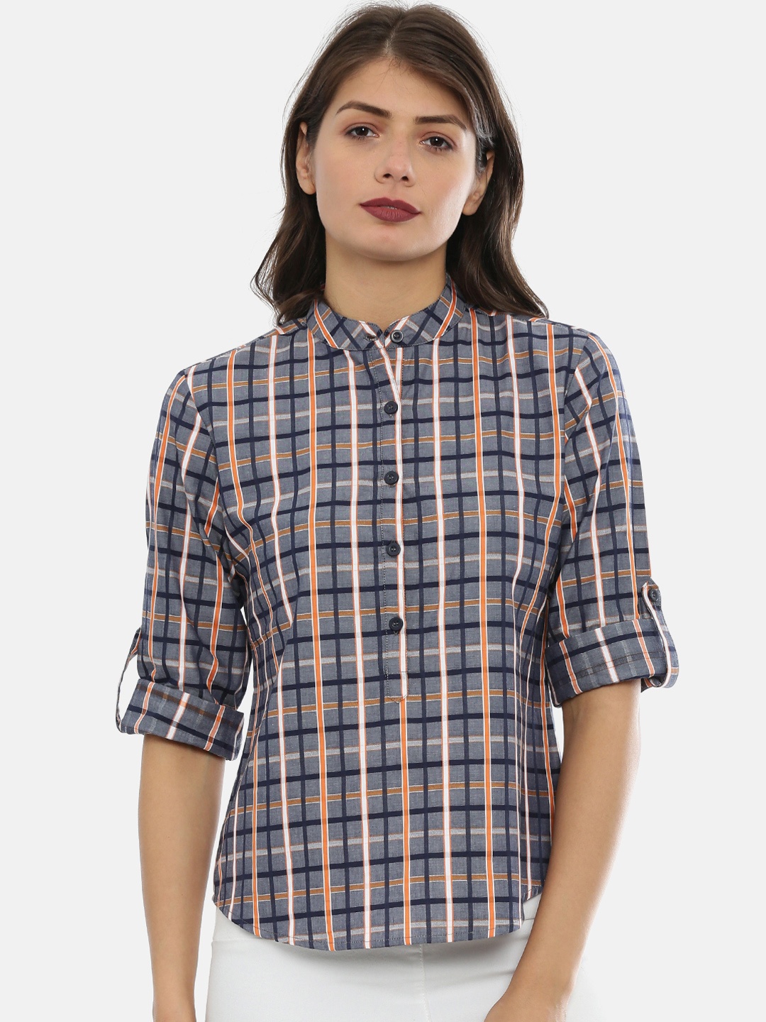 

IDK Women Blue & Orange Checked Top