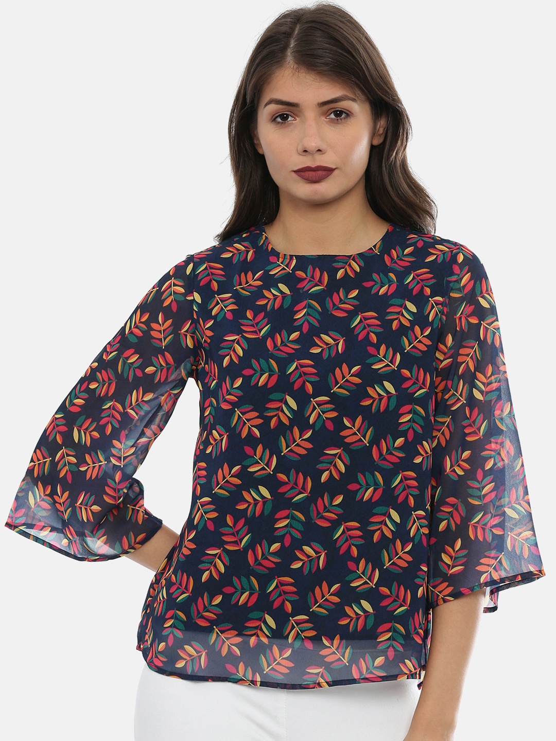 

IDK Women Navy Blue & Red Floral Printed Top
