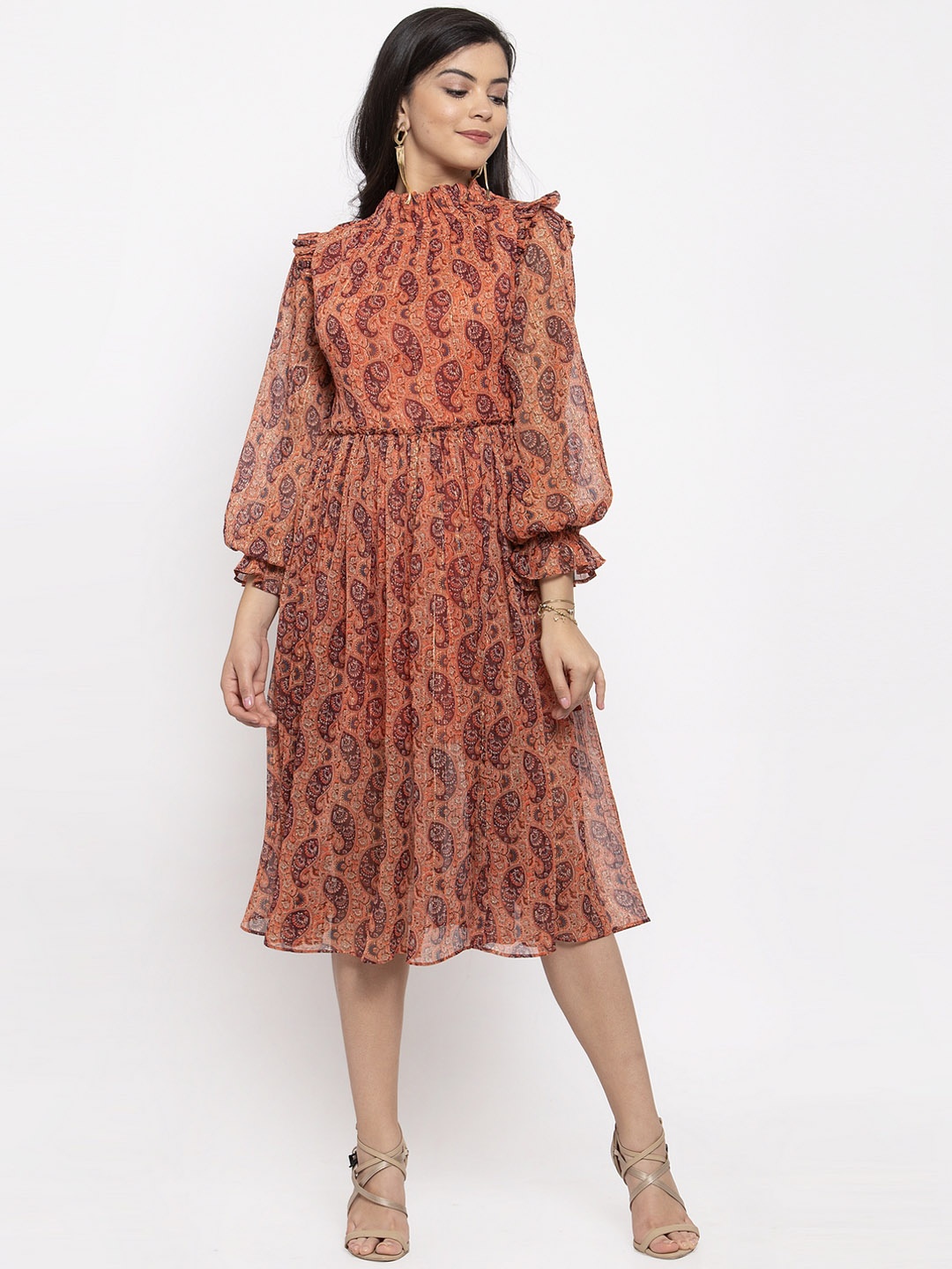 

KASSUALLY Women Orange & Maroon Printed Fit and Flare Dress