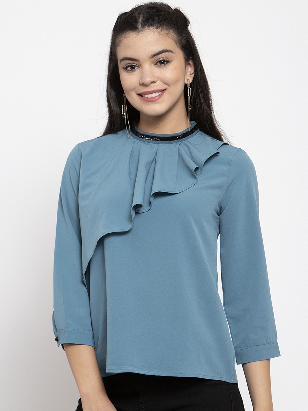 

KASSUALLY Blue Ruffles Crepe Top