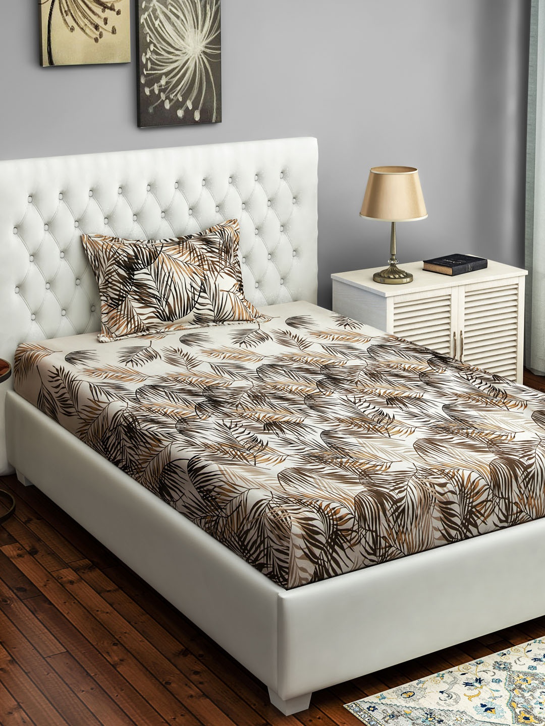

SWAYAM White & Brown Conversational Single Bedsheet with 1 Pillow Cover