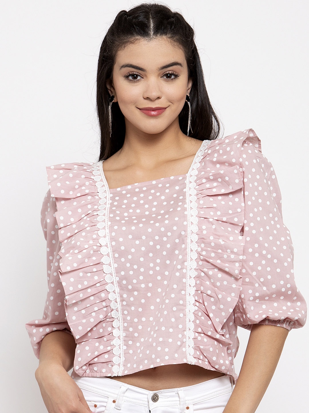 

KASSUALLY Women Pink & Off-White Printed Pure Cotton Top