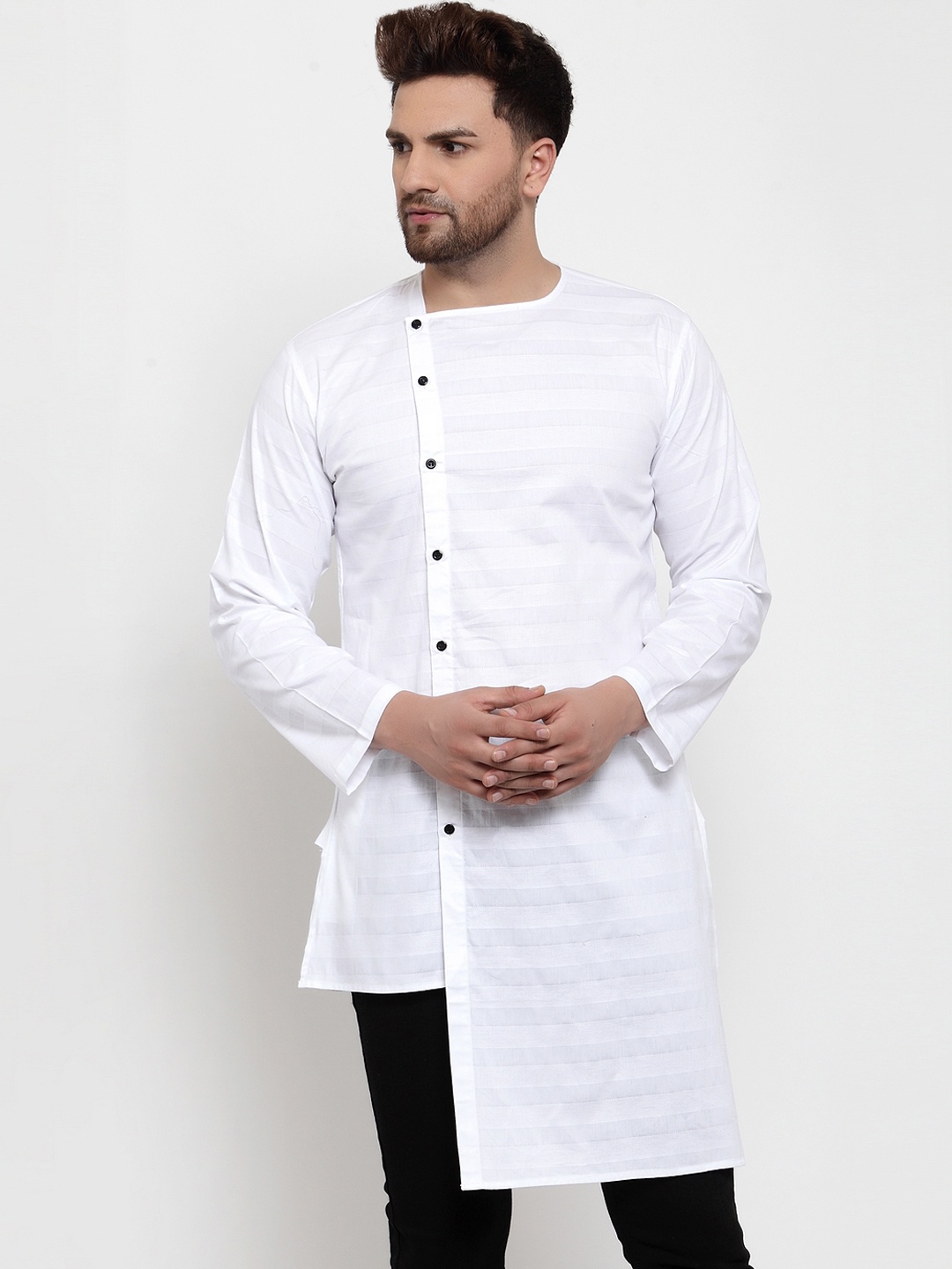 KLOTTHE Men White Striped Straight Kurta