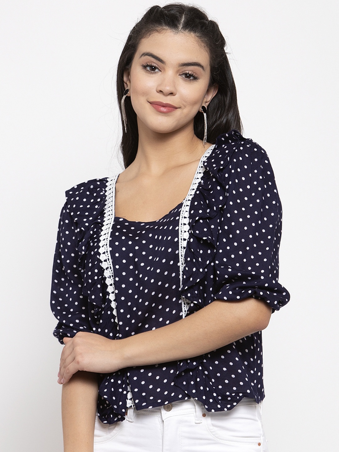 

KASSUALLY Women Navy Blue & White Printed Lace Crop Pure Cotton Top