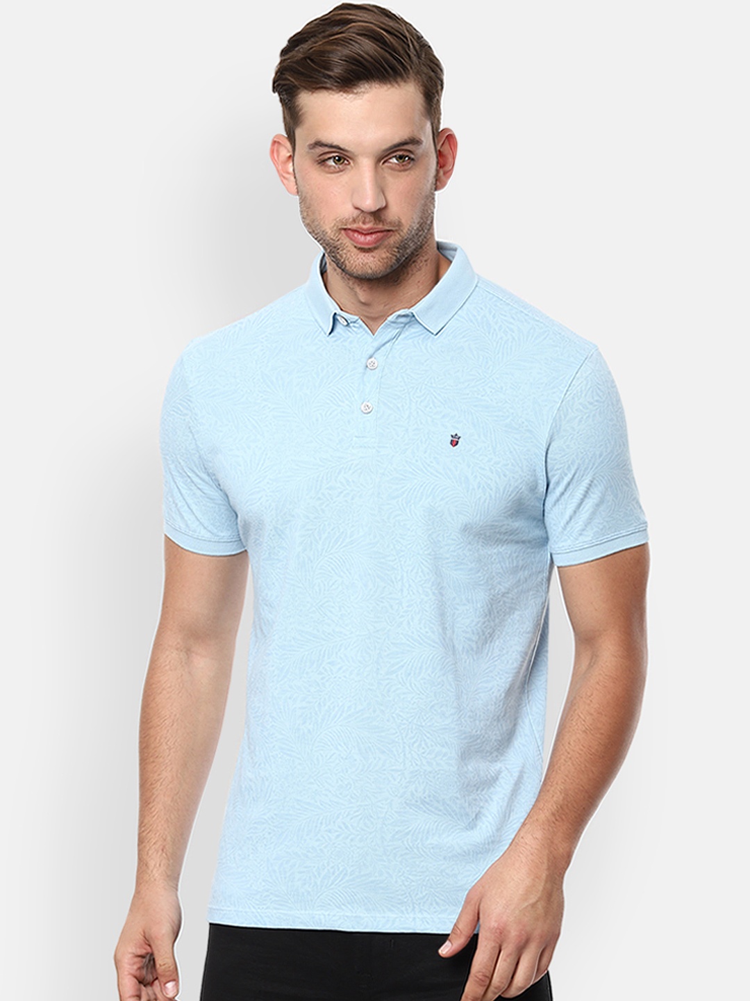 

Louis Philippe Jeans Men Baby Blue Floral Print Polo Collar Pure Cotton T-shirt