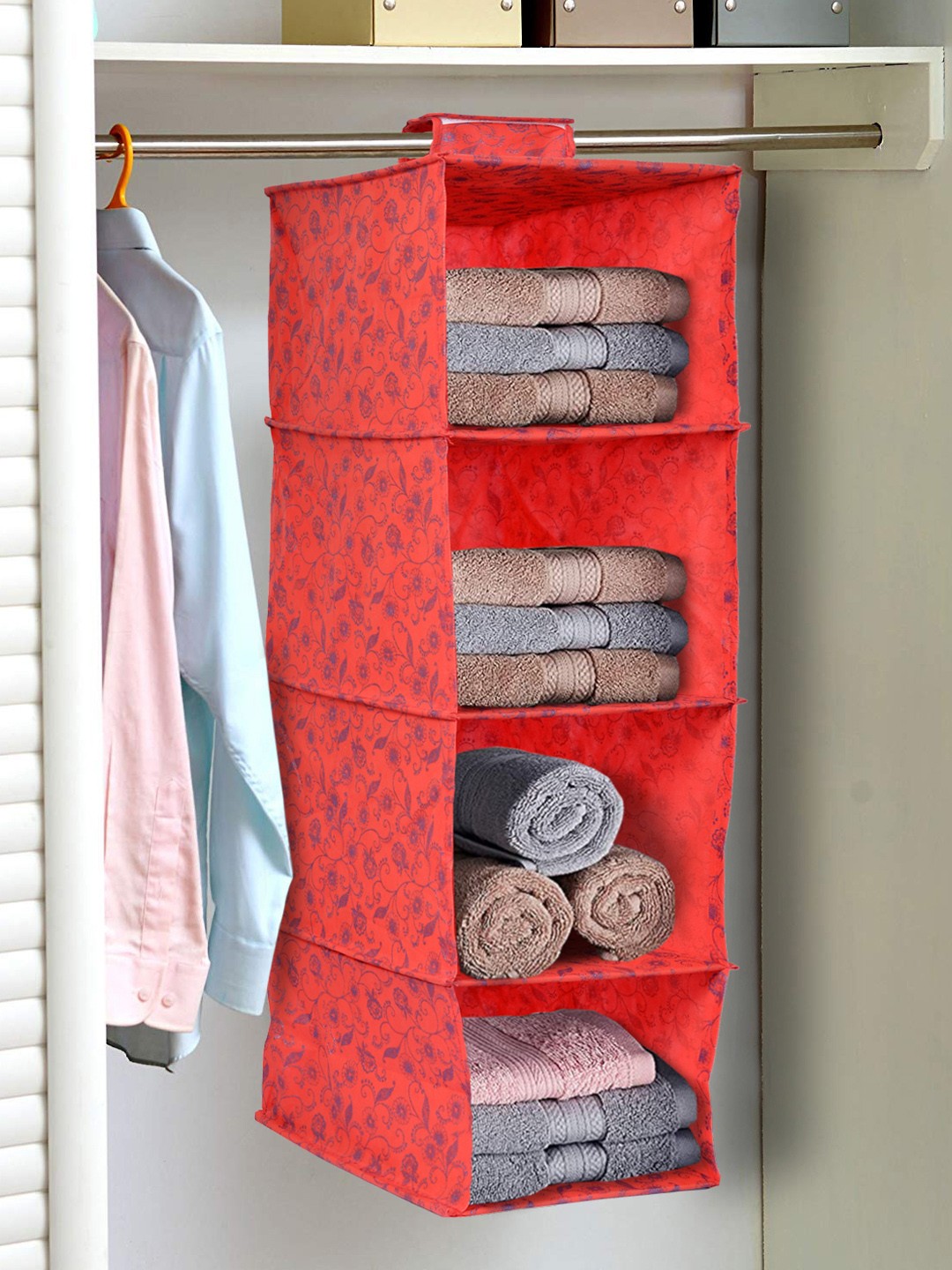 

Kuber Industries Red Printed Hanging Foldable Wardrobe Organizer