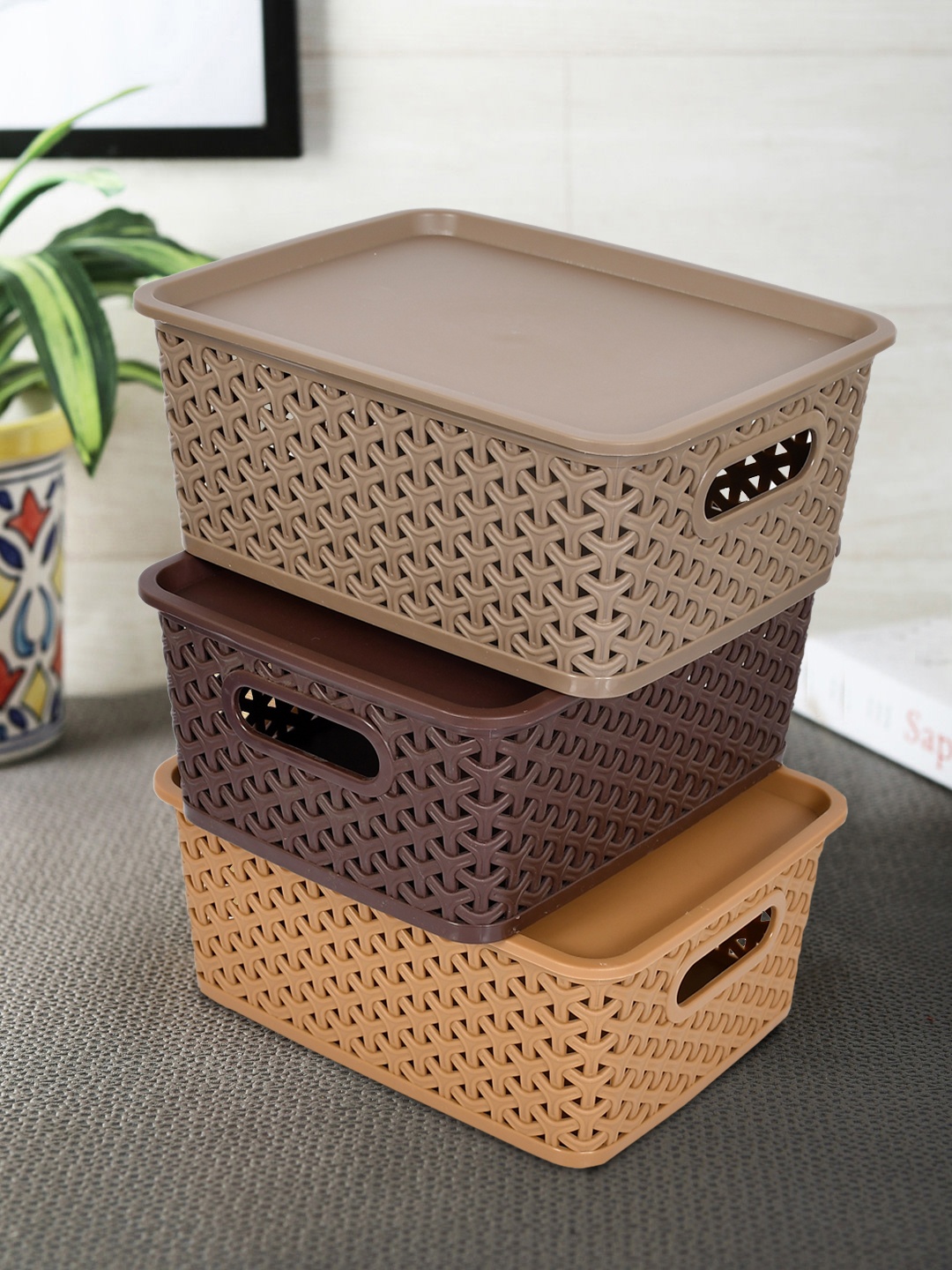 

Kuber Industries Set Of 3 Brown & Beige Textured Small Size Multipurpose Organisers