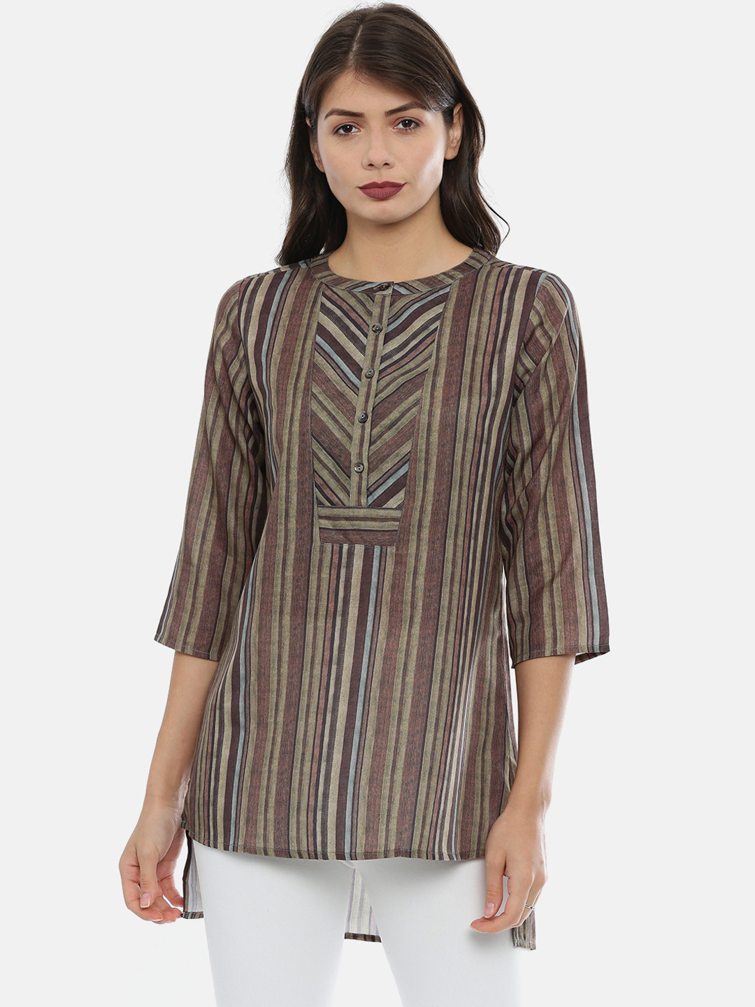 

IDK Women Brown Striped High-Low Top