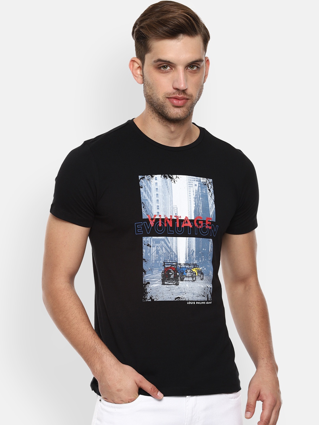 

Louis Philippe Jeans Men Black Printed Round Neck T-shirt