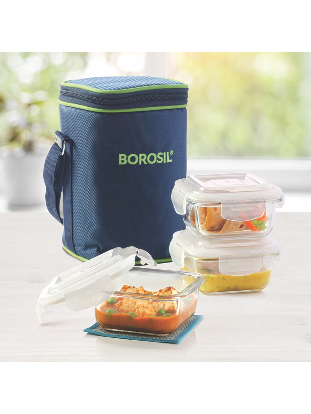 

BOROSIL Blue & Transparent Borosilicate Glass Microwavable 3 Piece Square Containers Lunch Box With Bag
