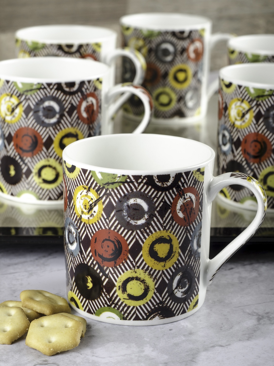 GOODHOMES Set Of 6 Printed Bone China Coffee Mugs, White