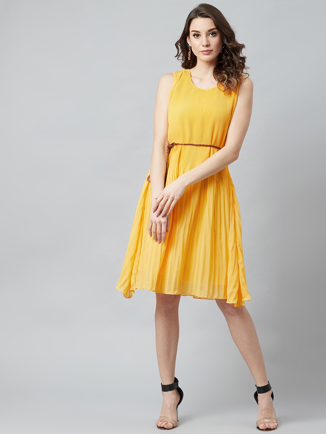 

Athena Women Yellow Self Design A-Line Dress