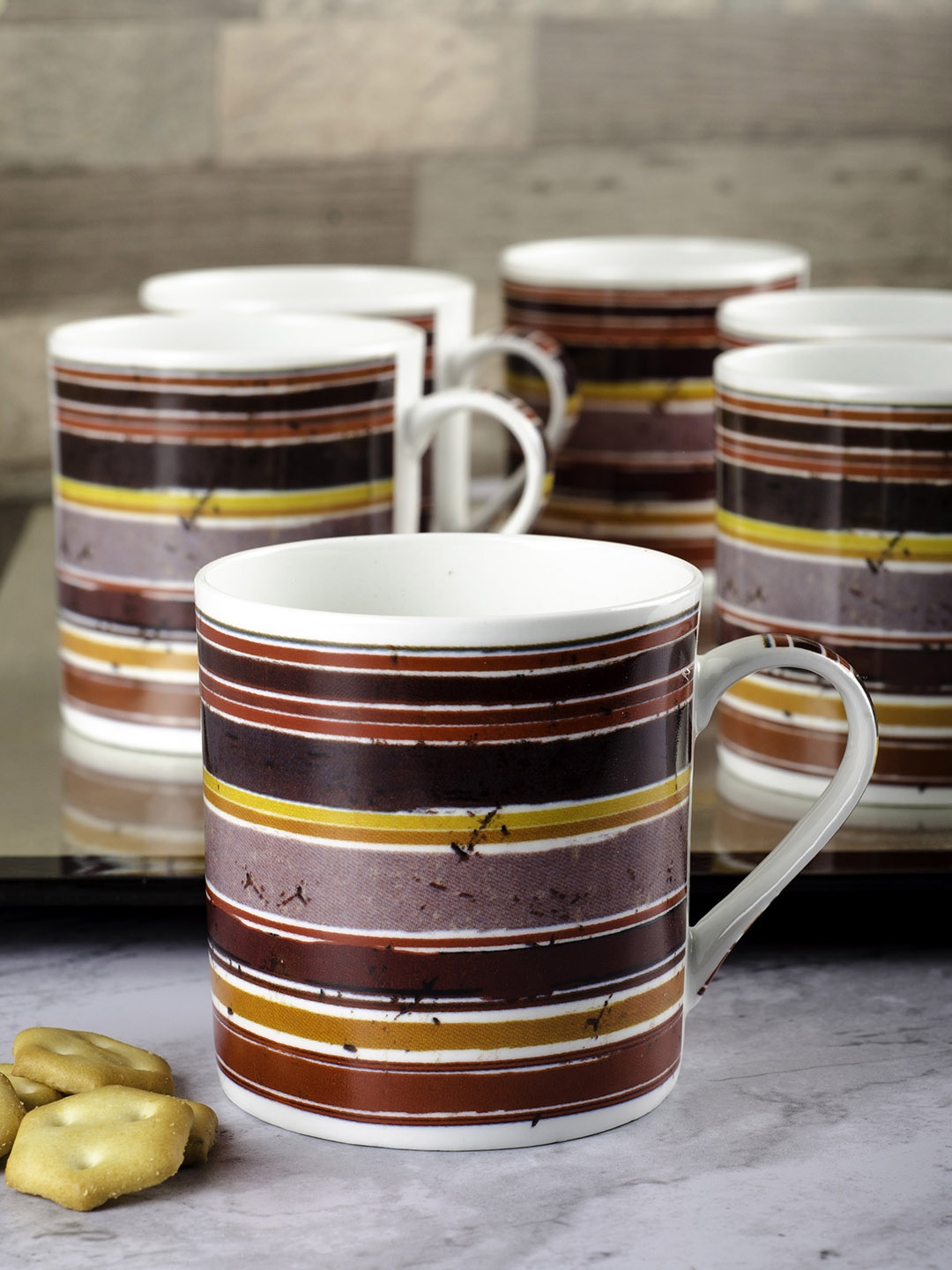 

GOODHOMES Set Of 6 White & Brown Striped Design Bone China Coffee Mugs