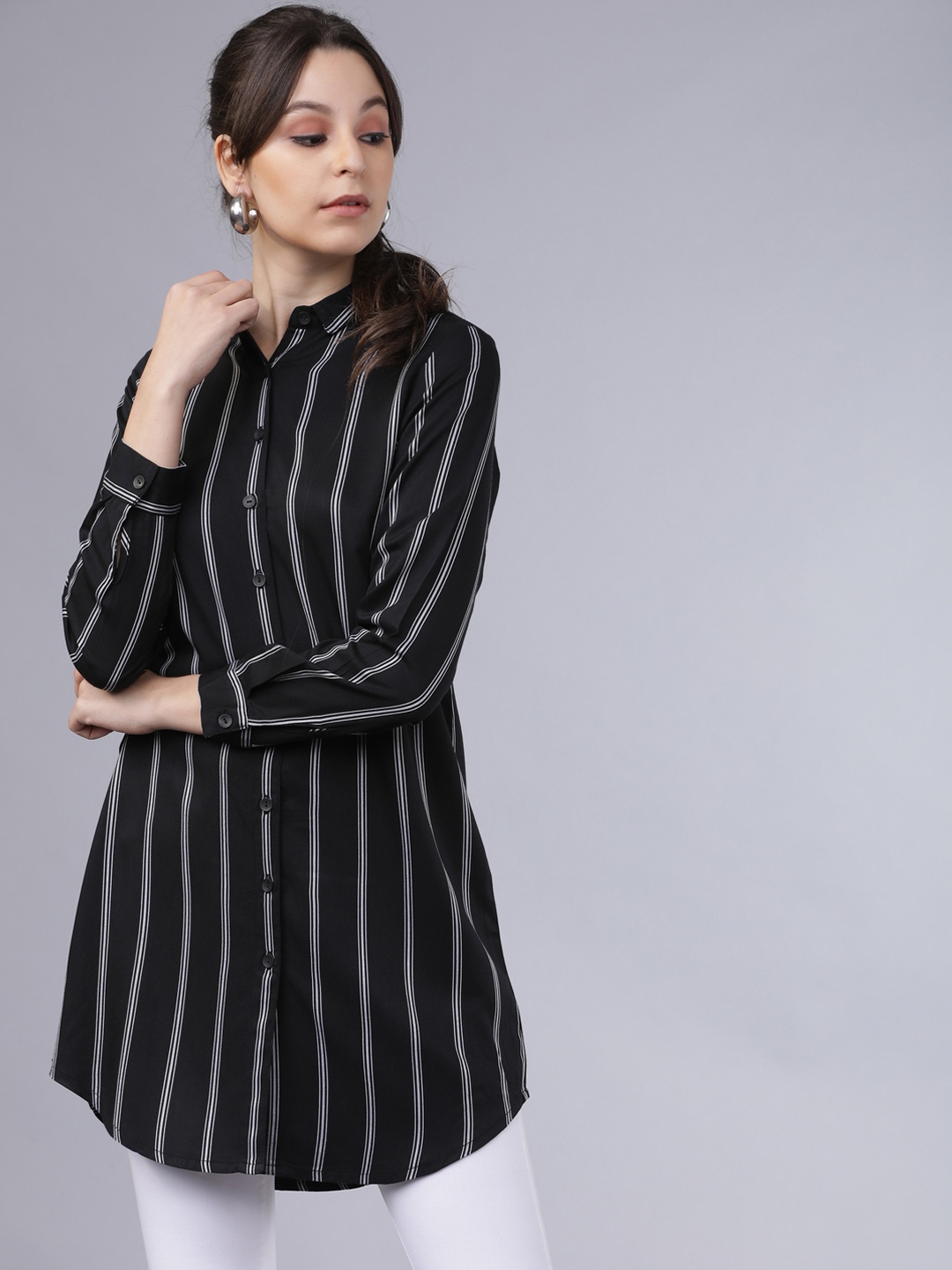 Tokyo Talkies Women Black & White Regular Fit Striped Casual Shirt